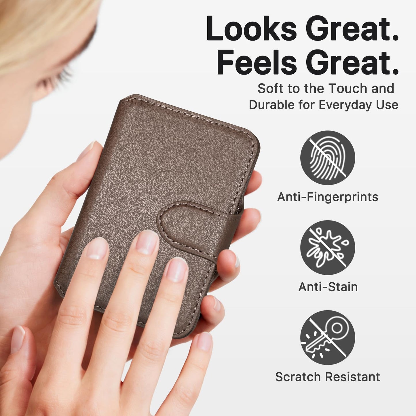 MEFON for MagSafe Wallet, Magnetic Phone Wallet RFID Blocking, Slim 5-8 Card Holder with Cash Slot & Clear ID Window, Minimalist Mag Safe Wallets for iPhone 17/16/15/14/13/12 Series, Mocha Brown
