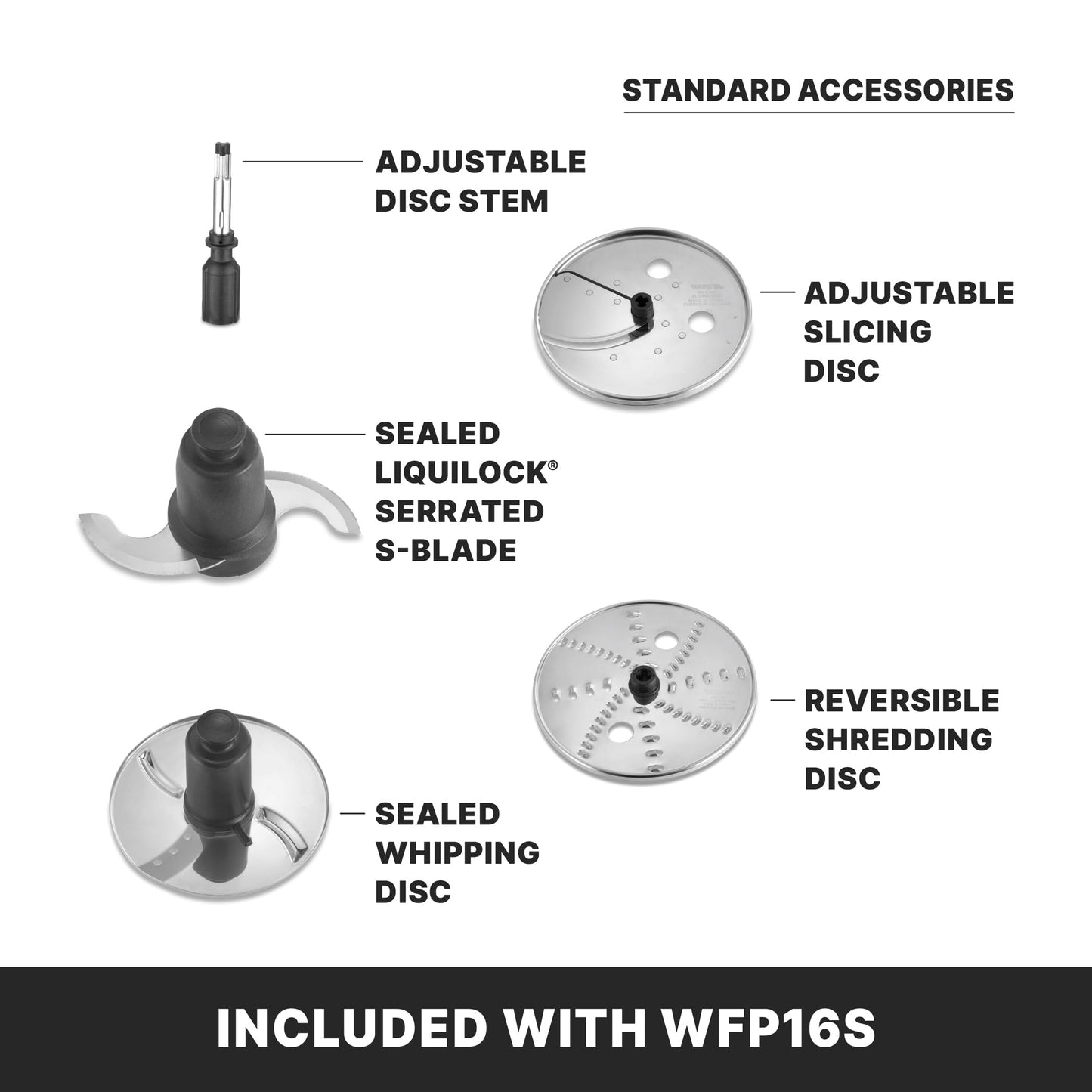 Waring Commercial WFP16S 4 Quart Food Processor, 2 HP Motor, Extra Large Feed Tube, Patented LiquiLock Seal Bowl System, Includes Shredding, Slicing, Whipping Disc and a Standard S blade for Chopping, Pureeing, and Emulsyfying, 120V 5-15 Phase Plug