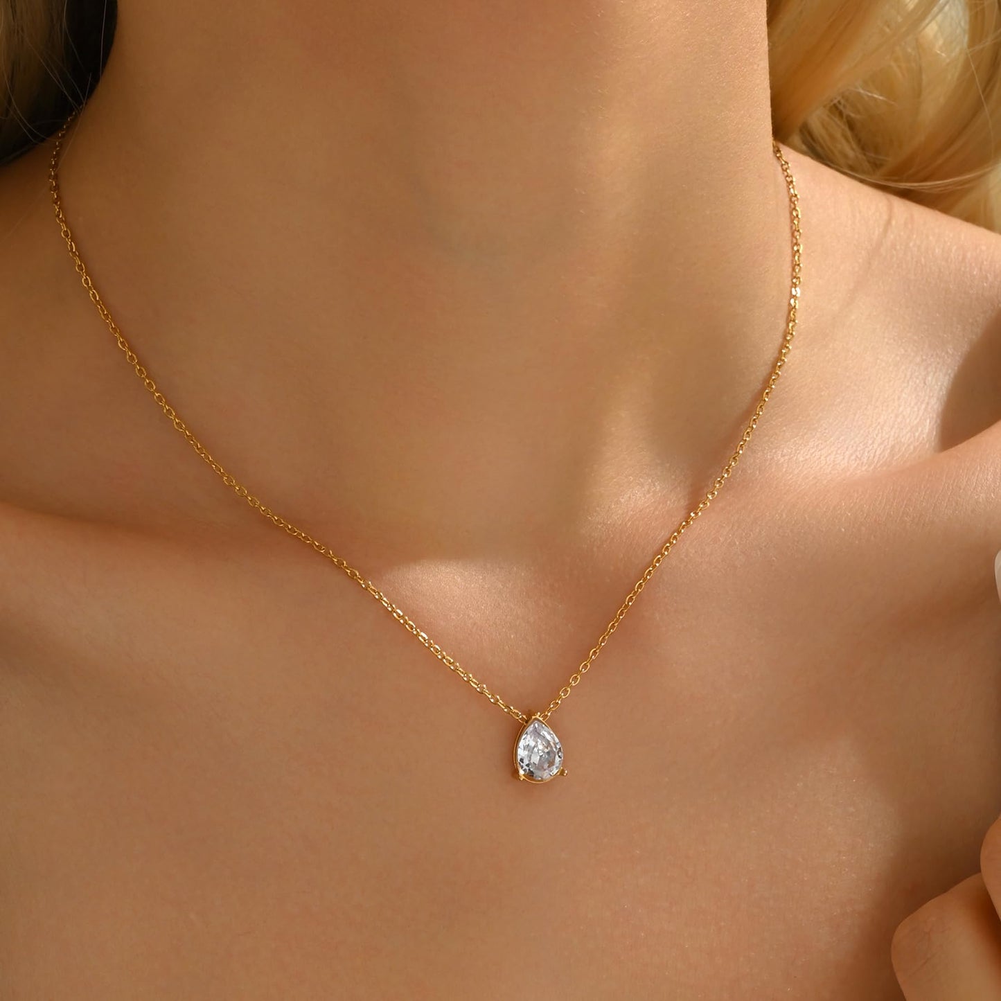 Jewigo Cubic Zirconia Necklaces for Women 18K Gold Plated Tear drop Necklace Dainty Layered CZ Lariat Diamond Necklace