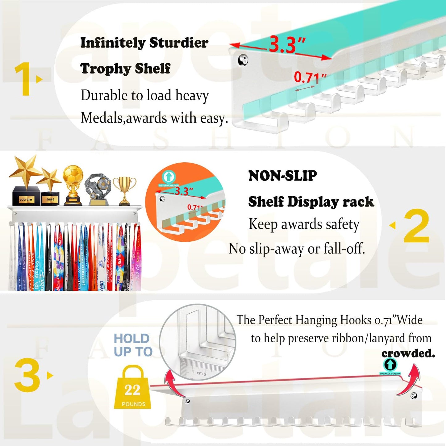 Lapetale Fashion Non-Slip White Trophy Shelf - 16 Inch Medal Hanger Display for Wall with Upgraded Shelves for Trophies, Gymnastics, Soccer, Swim