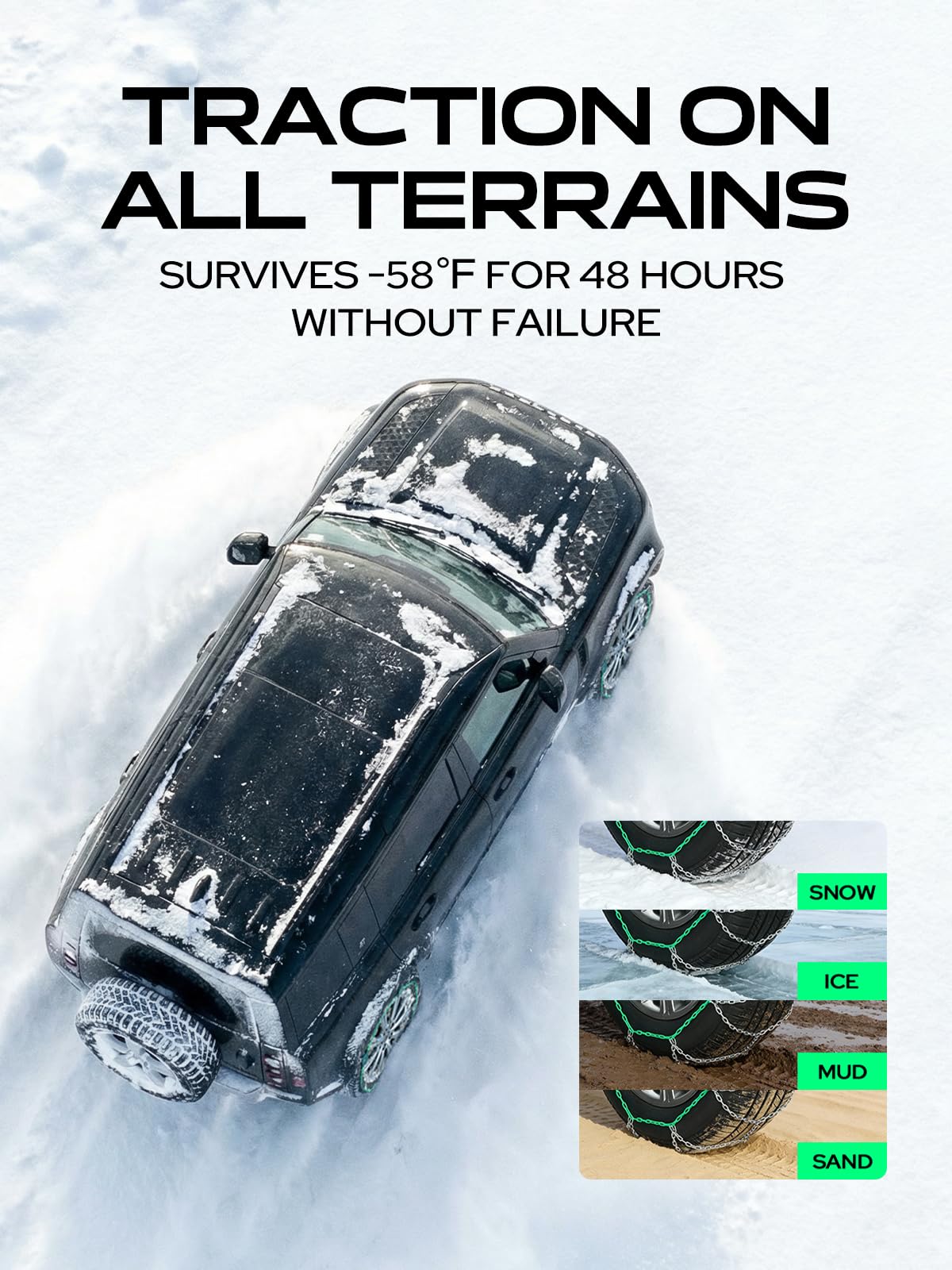 YHTAUTO Set of 2 Snow Chains 16mm for Pickup Truck SUV Passenger Car Universal Fit Tire Chains Auto-Tightening Quick Installation, Anti-slip Traction in Snow, Mud, Sand | SWC0006