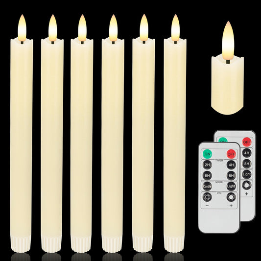 AFINETH Flameless Taper Candles with Two Rmote, 9.6" Real Wax Battery Operated Candles with 3D Wick, 6 Pack Led Flickering Candlesticks, Electric Candle for Home, Wedding, Party, Decor, Ivory
