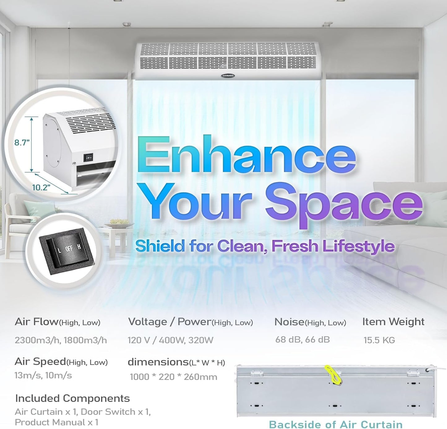 DuraSteel Wall Mounted Air Curtains for Doors Commercial - 40 Inch White Fly Fans - Super Power Over Door Fan with MS Switch - Sliding Under Door Fans to Move Air Curtain Blower Keep Flies Bugs Out