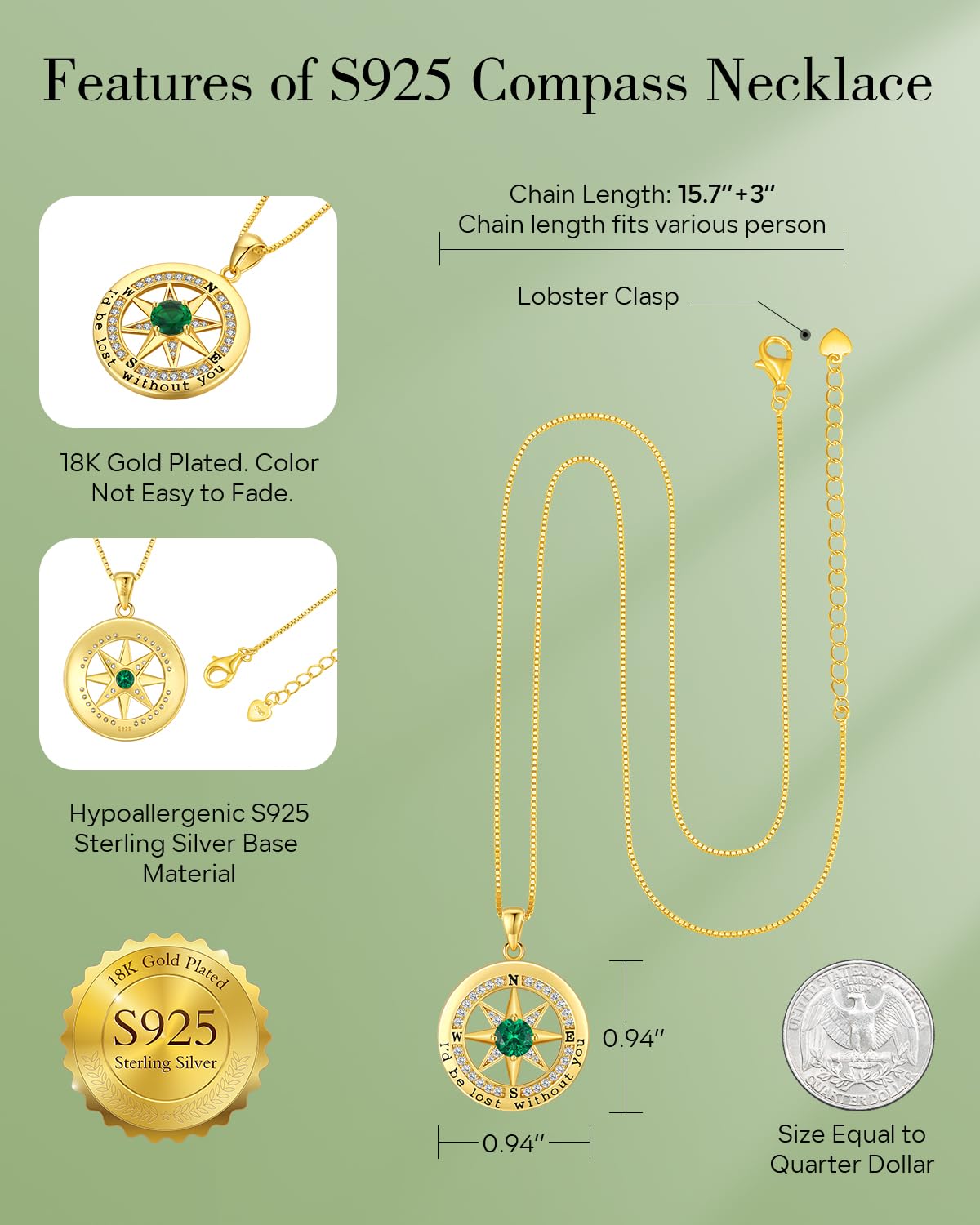 S925 Necklace Gift for Wife |Compass Jewelry |Women Anniversary |Sterling Silver |Girlfriend Birthday Necklaces for Her Valentines |I'd be Lost without You |Jewel 18K Gold May 05
