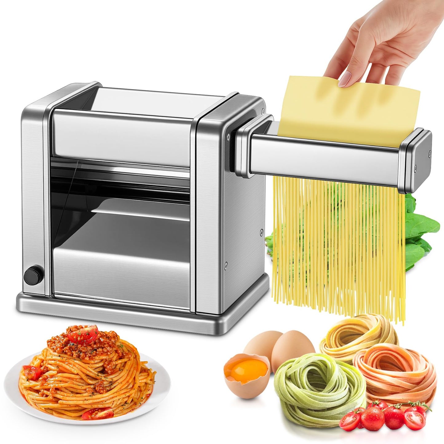 FOHERE Electric Pasta Maker Machine, Adjustable Thickness Noodle Maker for Spaghetti, Fettuccine, Lasagna & Dumpling Skins | 7-Level Customization, Food-Grade Stainless Steel, Easy Clean