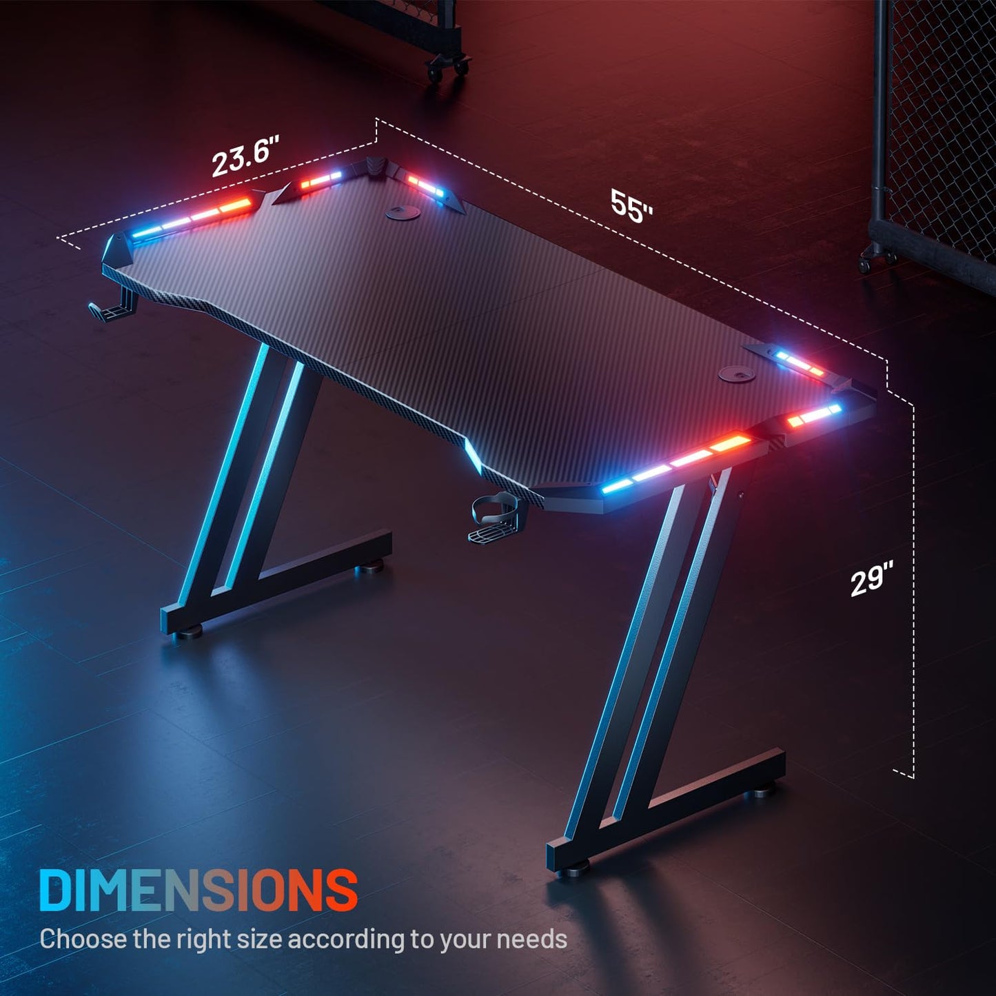 HLDIRECT 55 Inch Gaming Desk with LED Lights Carbon Fibre Surface Gaming Table Large Computer Desk Ergonomic Home Office Desks Z Shaped PC Gamer Workstations with Cup Holder & Headphone Hook Black