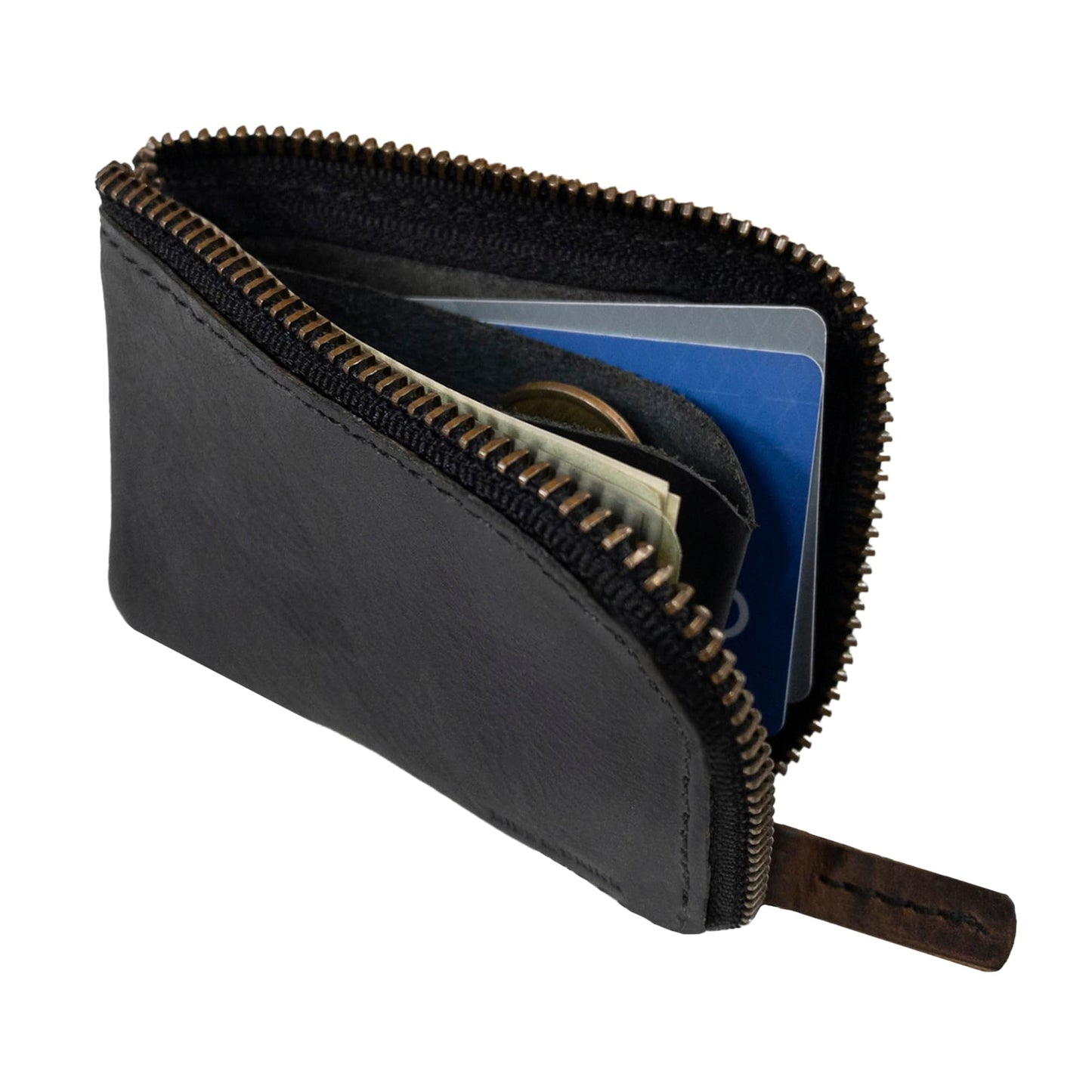 Hide & Drink, Full Grain Leather Zippered Card Wallet for Men and Women, Coin Pouch, Money Holder, Pocket Organizer, Handmade, Charcoal Black