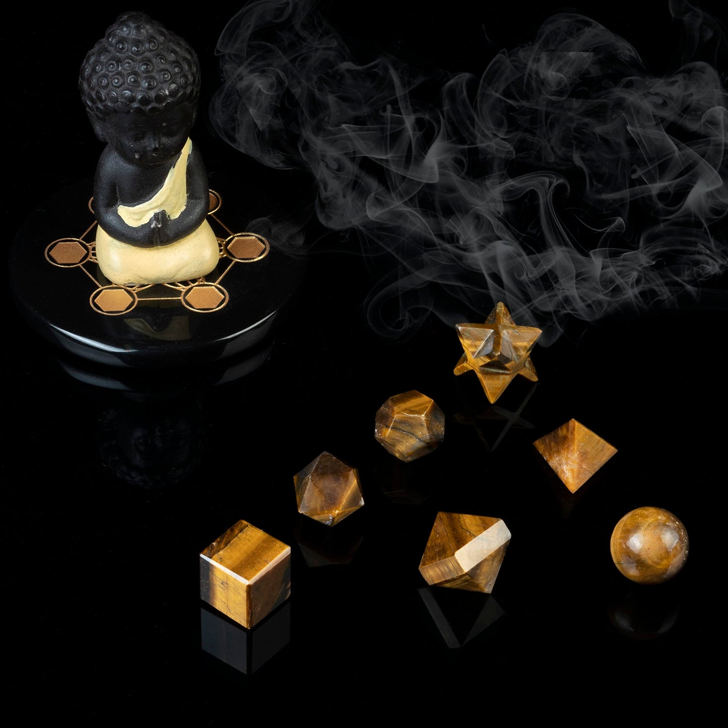 Crocon Tiger Eye 7Pcs Platonic Solids Crystal Geometry Set, Platonic Solids Sacred Geometric Stones for Meditation Reiki Balancing Healing Chakra Stone Cleansing Spiritual Good Luck (15-20 mm)