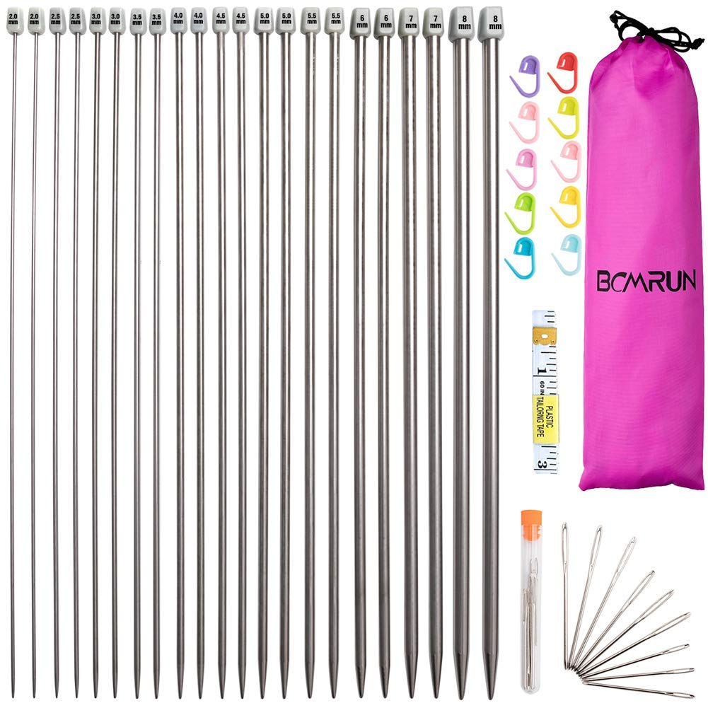 Knitting Needle Set, BCMRUN 22PCS 2mm(B)-8mm(L) Straight Single Pointed Stainless Steel Sweater Needles Set(11Pair-11 Size,9.8 inch) with Locking Stitch Makers Large-Eye Needles Measure Tape (25CM)