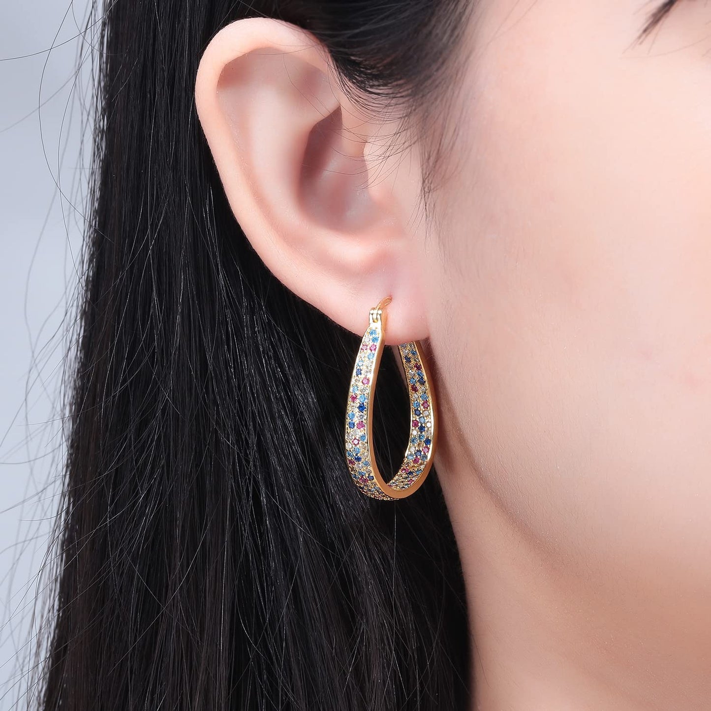 CiNily 925 Sterling Silver Post Hoop Earrings for Women Rainbow Cubic Zirconia Hoop Earrings 14K Gold Plated Oval Hoops Chunky Gemstone Earrings Jewelry