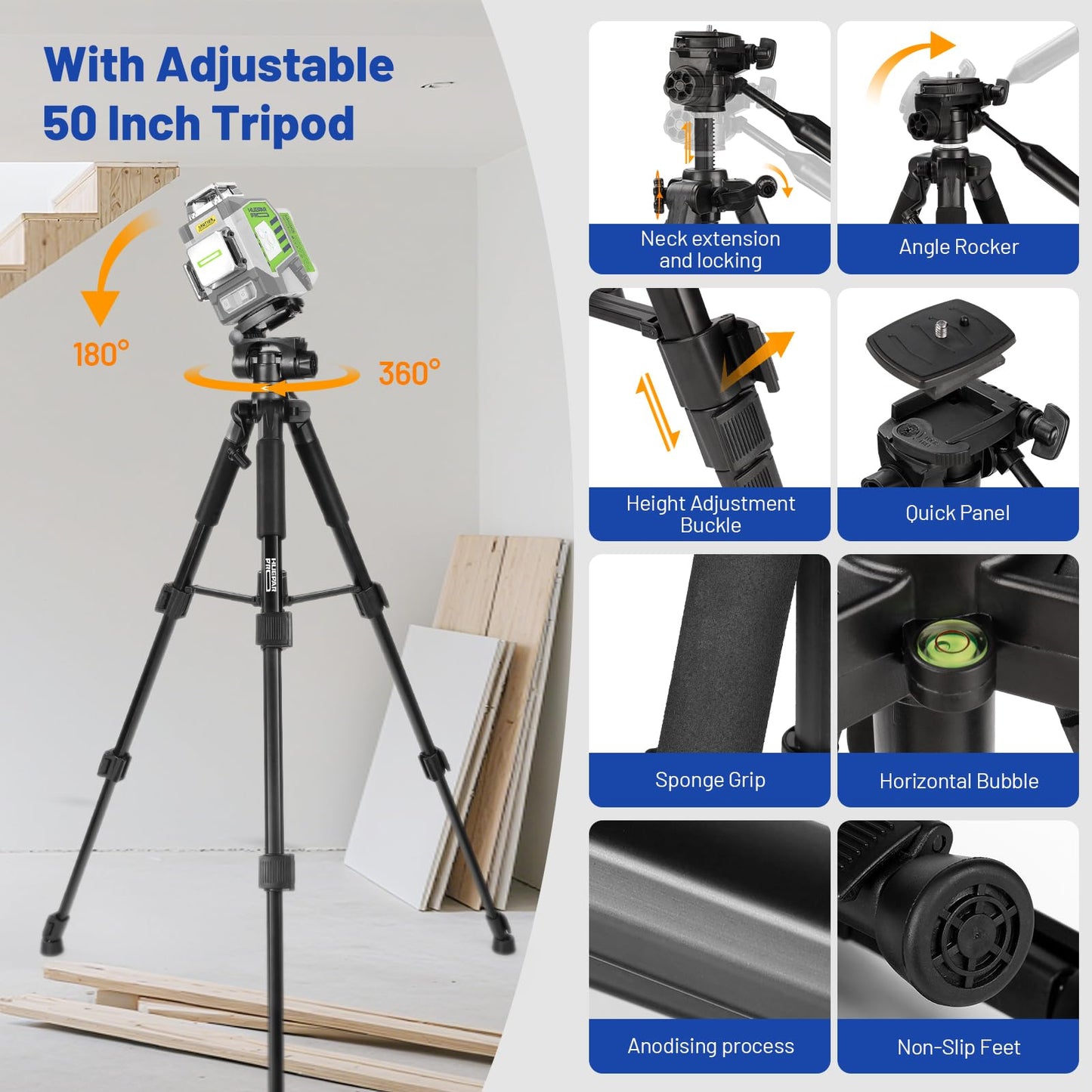 Huepar Pro Laser Level 360 Self Leveling with 50inch Tripod, 3 x 360° High Brightness Green Laser Leveler Tool for Construction, Tile and Picture Hanging, 8000mAh Li-ion Battery & Magnetic Bracket