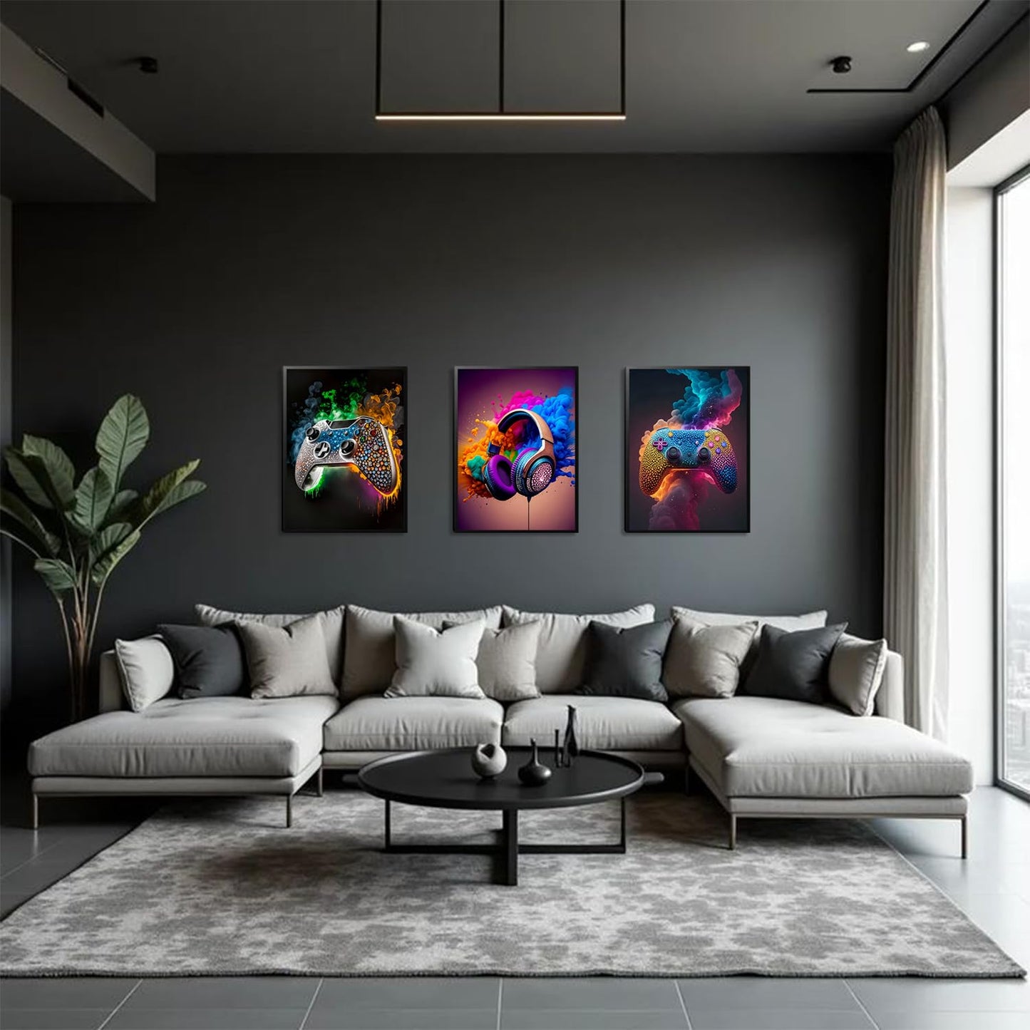 SEHSUVC Game Room Canvas Wall Art, 16x12inch 3-Piece set Wood Framed + 6 Pcs 8×10 Posters Prints, Neon Gaming Accessories Theme Gamer Wall Decor Gifts for Boys Youth Children Bedroom Home Decor