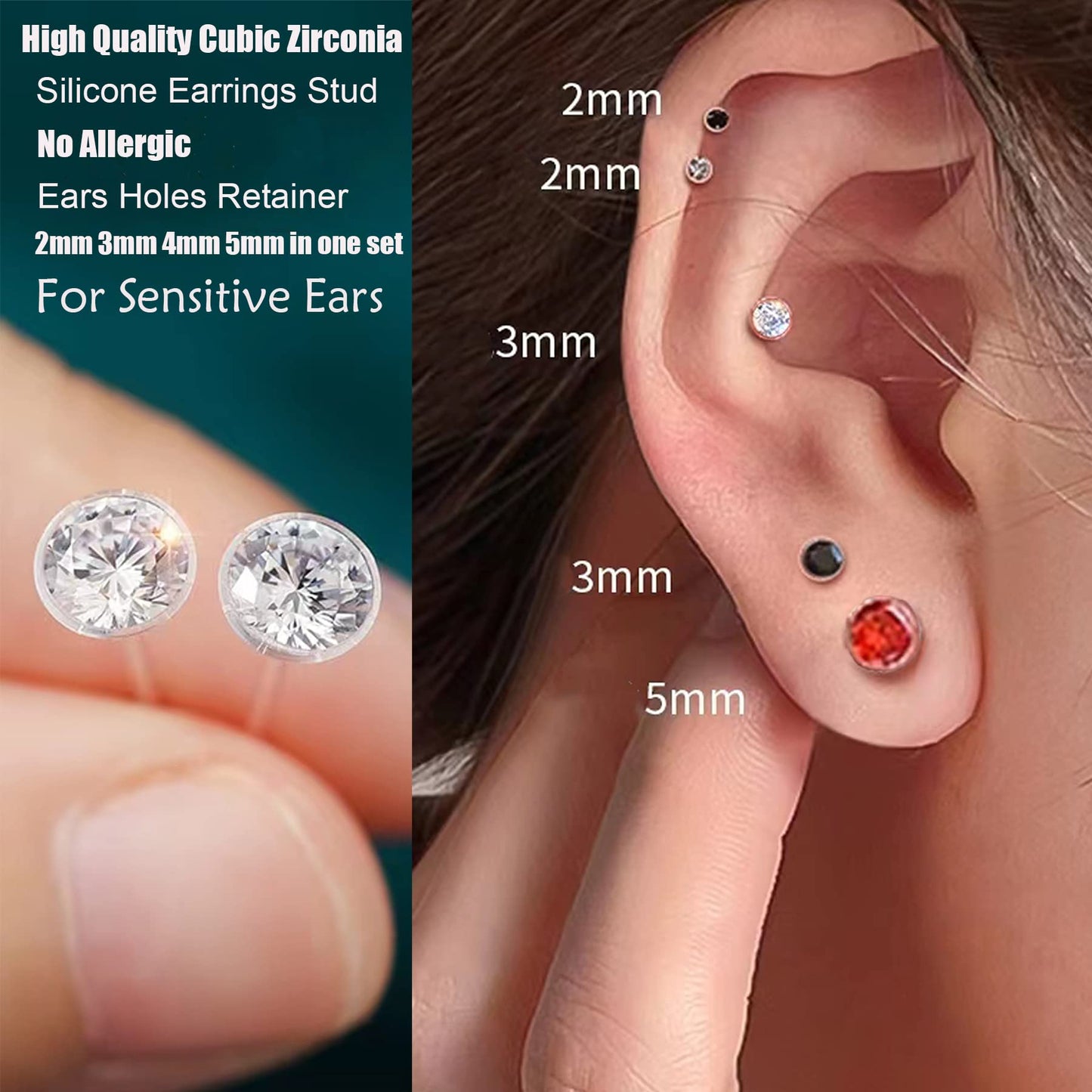 OwlkOrmy 8 Pairs Anti Allergy Plastic Earrings for Sensitive Ears & Include 8 Pairs Silicone Soft earring backs, Birthstone Cubic Zirconia Stud Earrings Kit 2mm 3mm 4mm 5mm in one Set (Pink)
