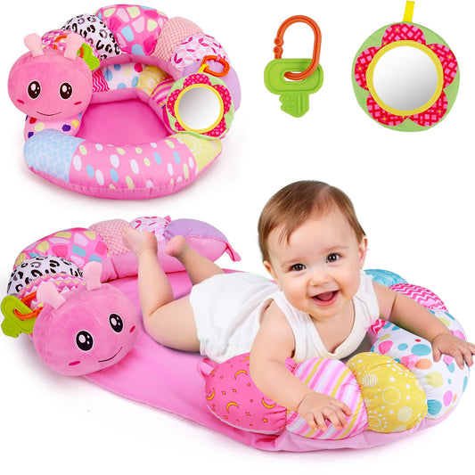 2 in 1 Baby Tummy Time Mat & Support Seated Pillow Infant Newborn Toys 0 1 2 3 4 5 6 Months Pink Caterpillar Sensory Developmental Playmat 0-6 3-6 12 Month Babies Mirror Shower Gifts for Girls Boys