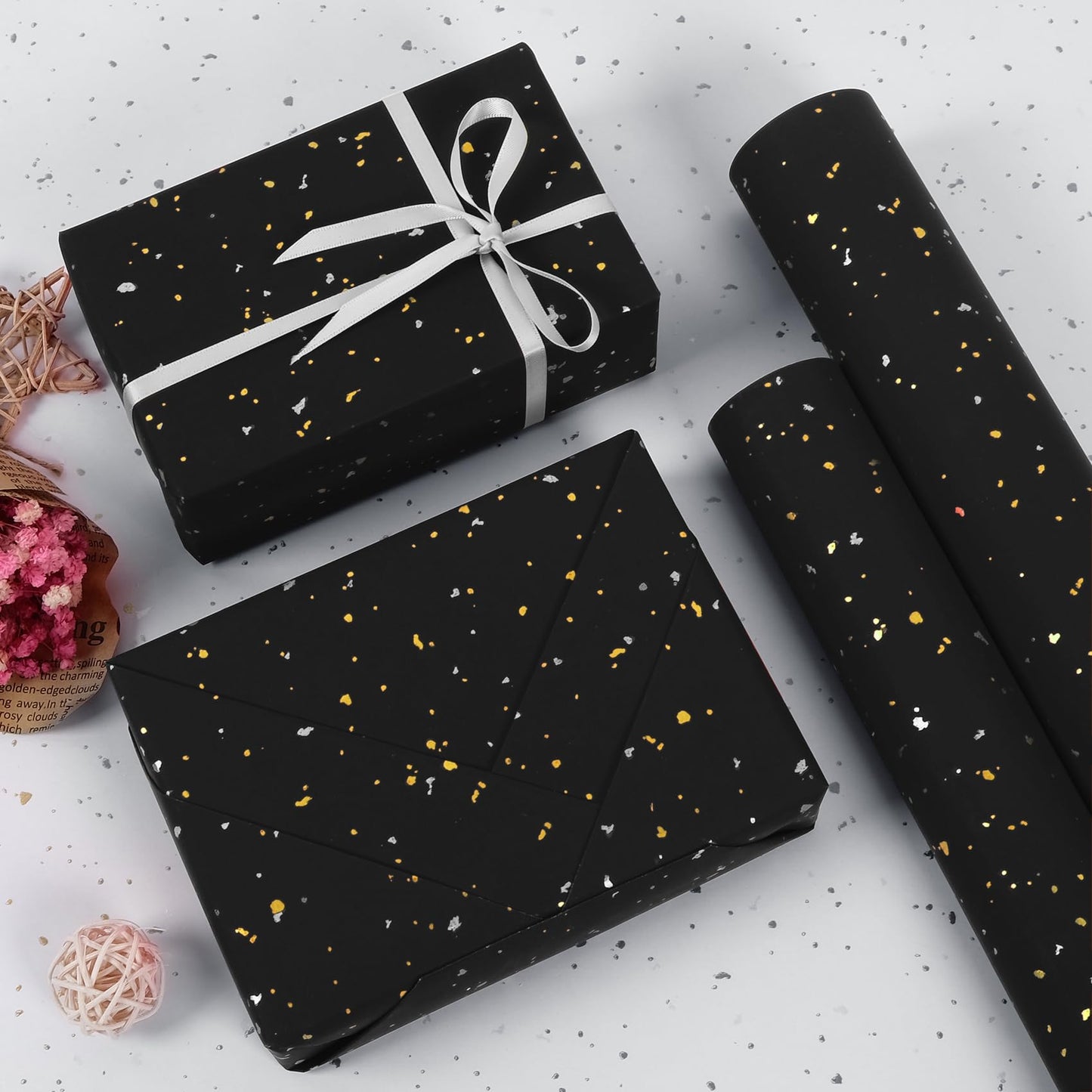 Aimyoo Black Wrapping Paper Roll - Mini Roll - 17 Inch x 60 Feet - Black with Gold Flakes Foil Design for Christmas, Wedding, Birthday,Holiday,Celebrations