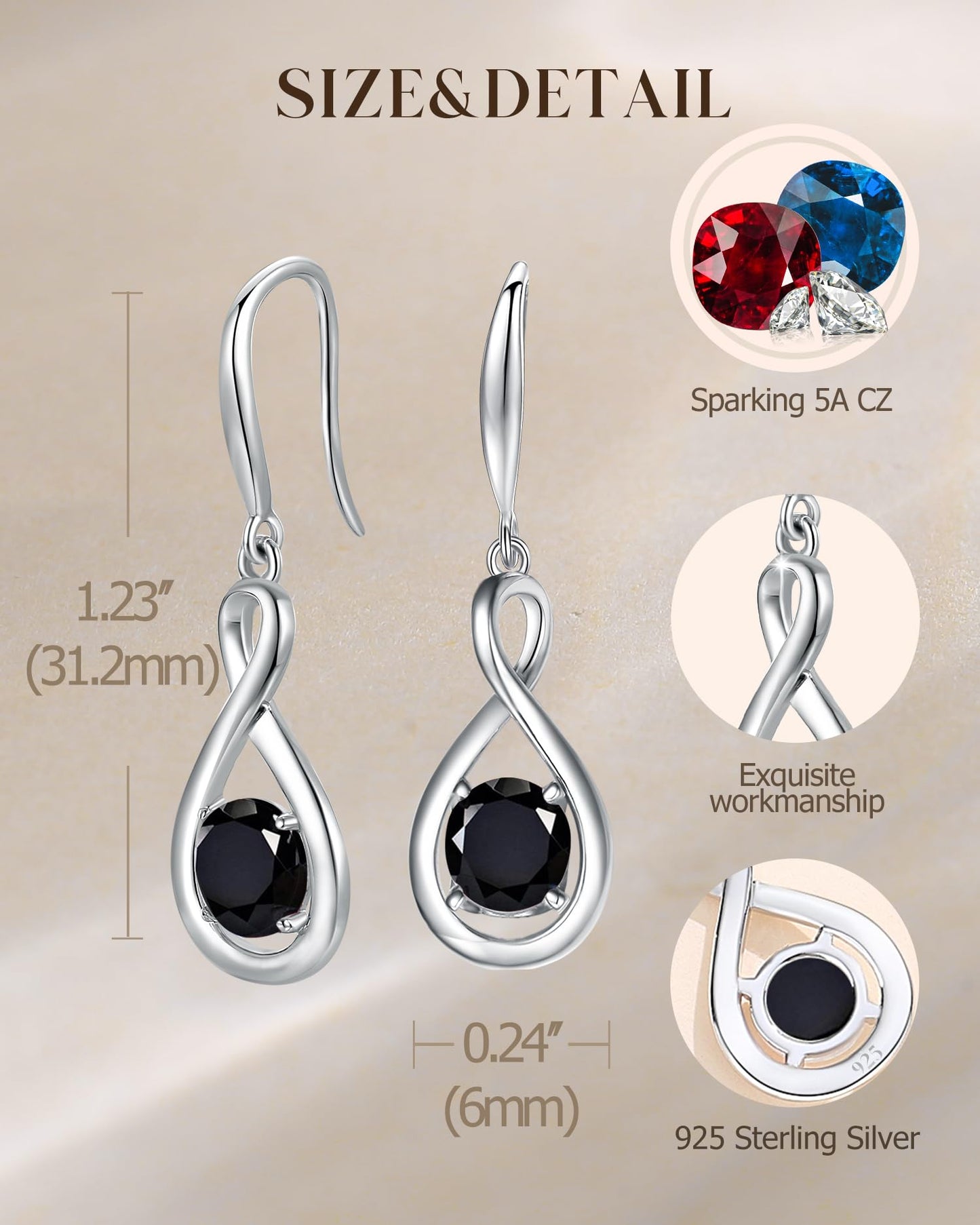 FANCIME Black Tourmaline Dangle Drop Earrings 925 Sterling Silver Dainty Infinity Bracelet Crystal Black Onyx Gemstone Earring Fine Jewelry Birthday Mothers Day Gifts for Wife Her Women