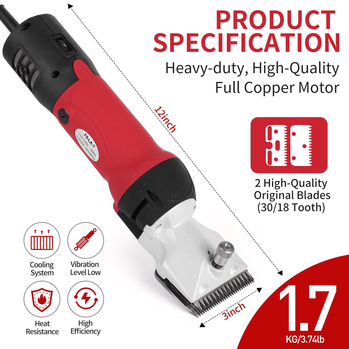 DUCKBOY Heavy Duty Clippers for Thick Coats Animals, 600W Professional Electric Shearing Machine for Horse Pony Cattle and Large Dogs Livestocks Grooming, 6 Speed & 2 Detachable Shearing Blades