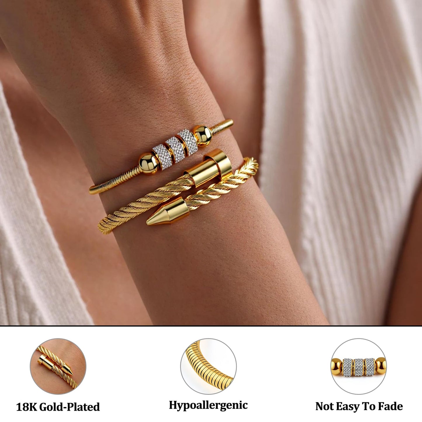 LCTrusttmor Gahna 18K Gold Plated Bangle Bracelet for Women, Non-Tarnish Stackable Nail Bracelets Set, Dainty Adjustable Cubic Zirconia Snake Chain With Beaded, Trendy Jewelry Mother's Day Birthday Gifts for Lover Mom Her
