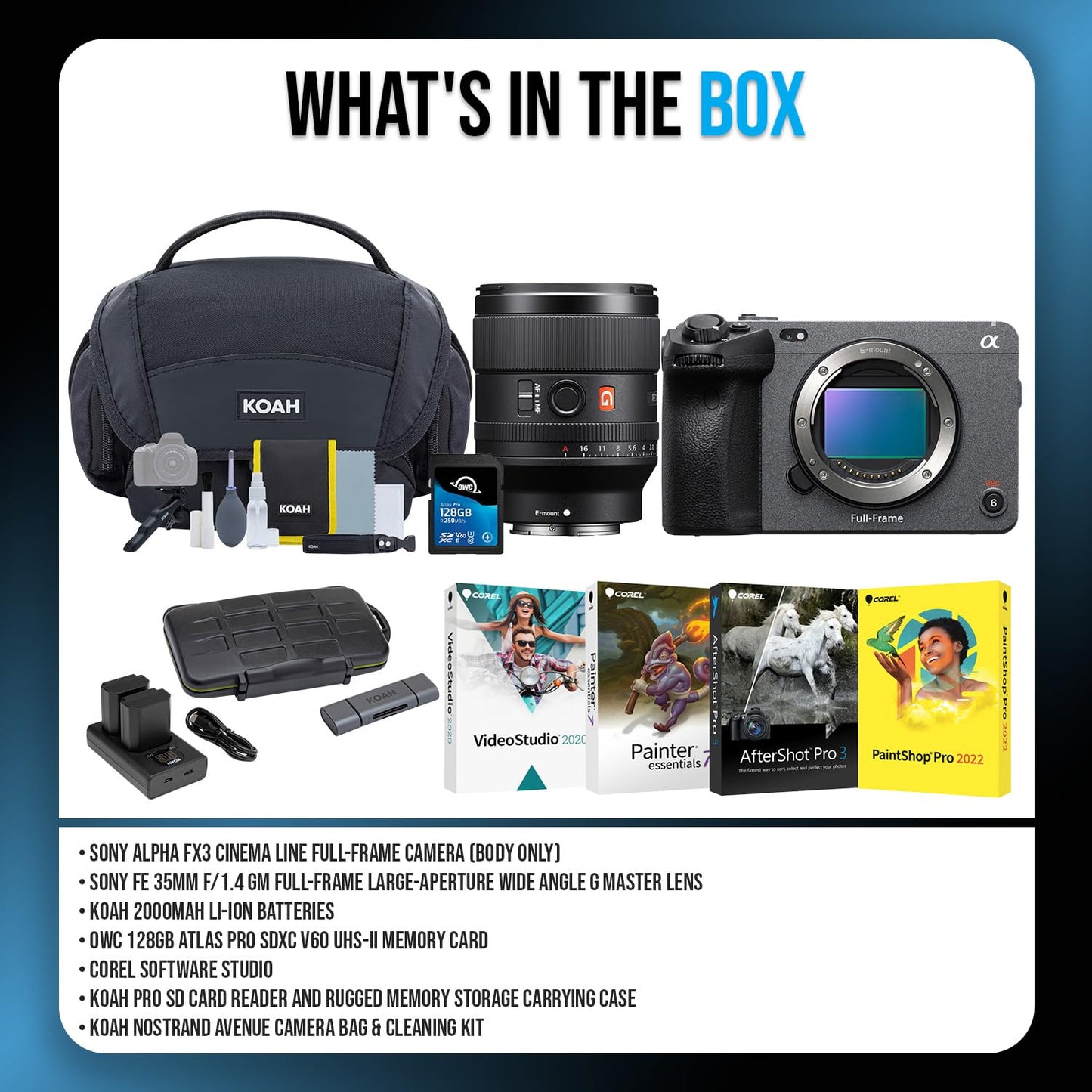 Sony FX3 Full-Frame Cinema Camera with 35mm f/1.4 GM Lens Bundle with (2-Pack) Batteries, Memory Card, 4 Softwares, Bag with Cleaning Kit and Card Reader