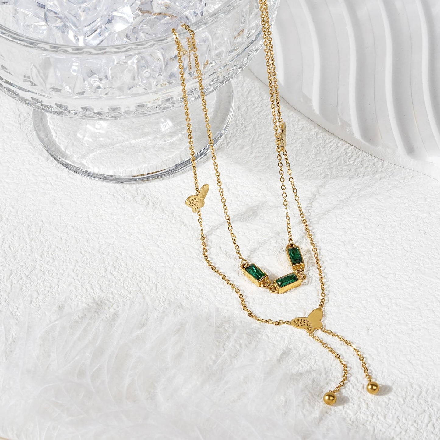 TaYolnFaSo 18K Gold Plated Double Layered Y Lariat Necklace Emerald Cut Green CZ Choker Butterflies Lariat Necklace Christmas Jewelry Gift for Women