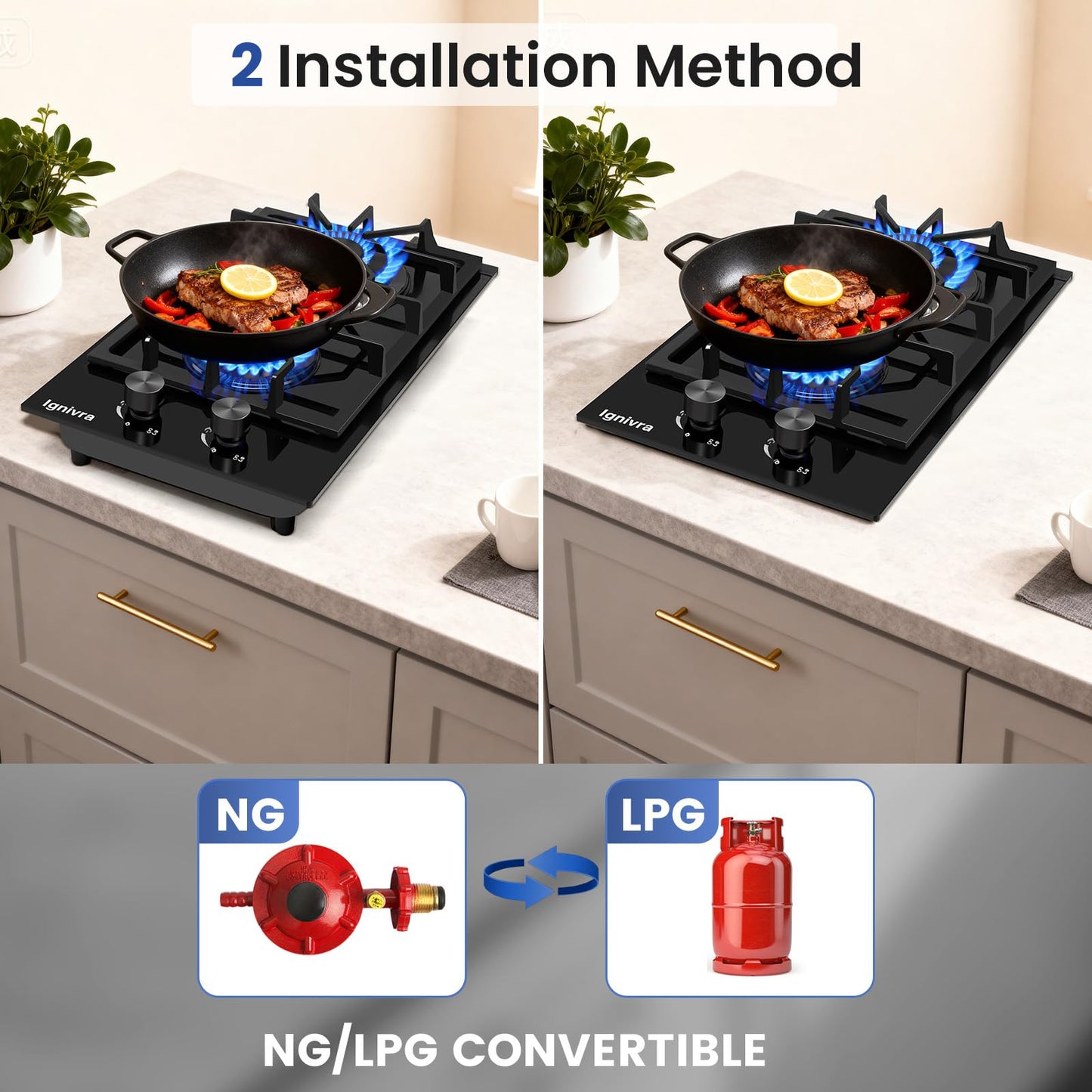 Ignivra Gas Cooktop 4 Burners, 12000W Built-in Gas Stove, Black Crystal Tempered Glass Propane Cooktop, 24x20" Top Propane Stove Indoor LPG/NG Dual Fuel Hob for Apartment Kitchen RV