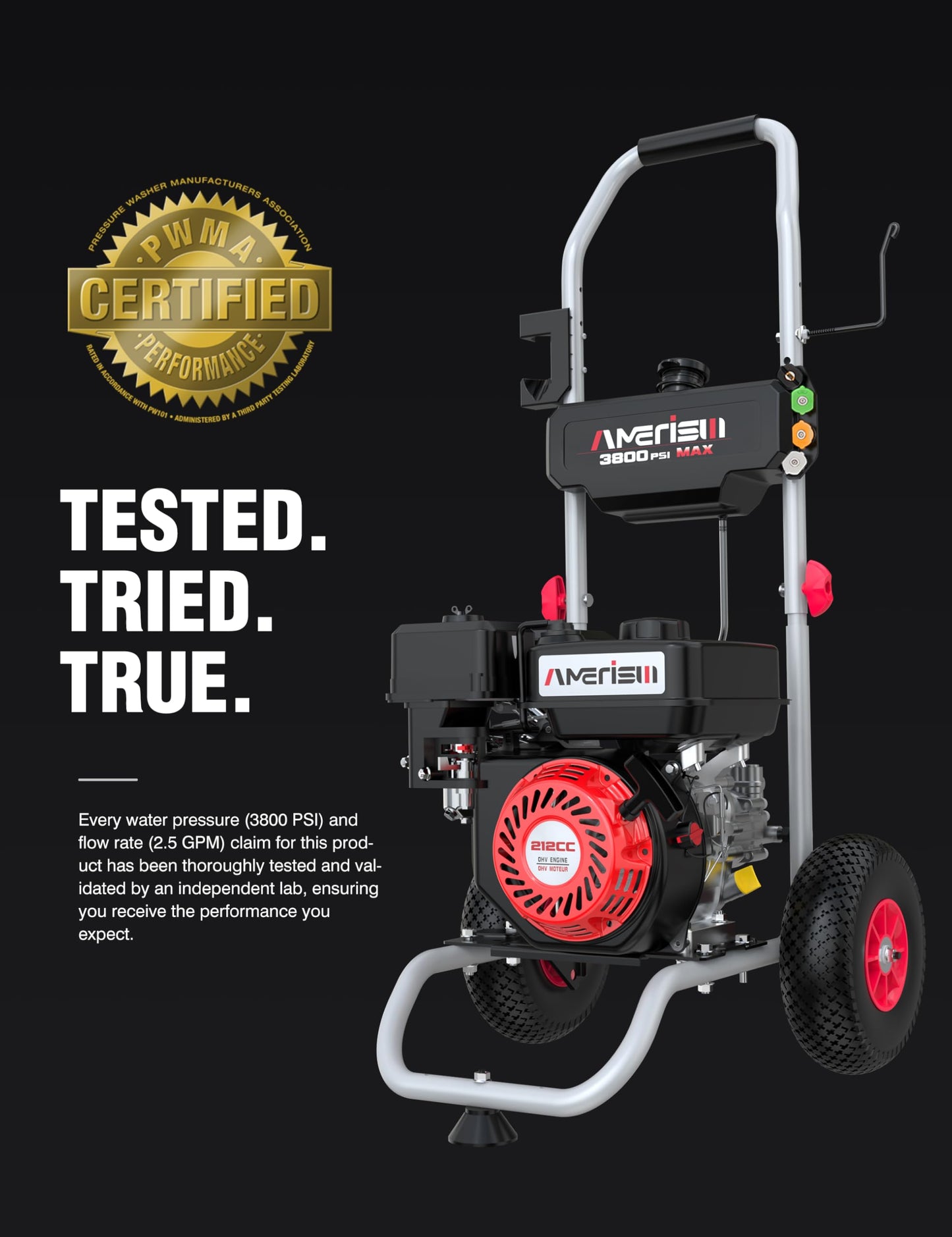 Gas Pressure Washer MAX 3800 PSI, MAX 2.5 GPM, 212CC, with Onboard Soap Tank, Metal Spray Wand, 5 Nozzles for Driveways, Cars, House Siding