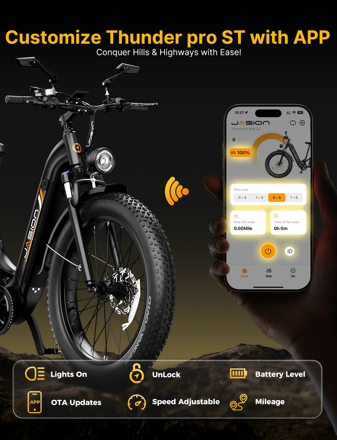Jasion Thunder Pro ST Electric Bike,2000W Peak Ebikes for Adults,26''Fat Tire Best Ebike for Men,90 Miles with 1040Wh Removable Battery,35+MPH Max Speed Bicycles,500LB Capacity