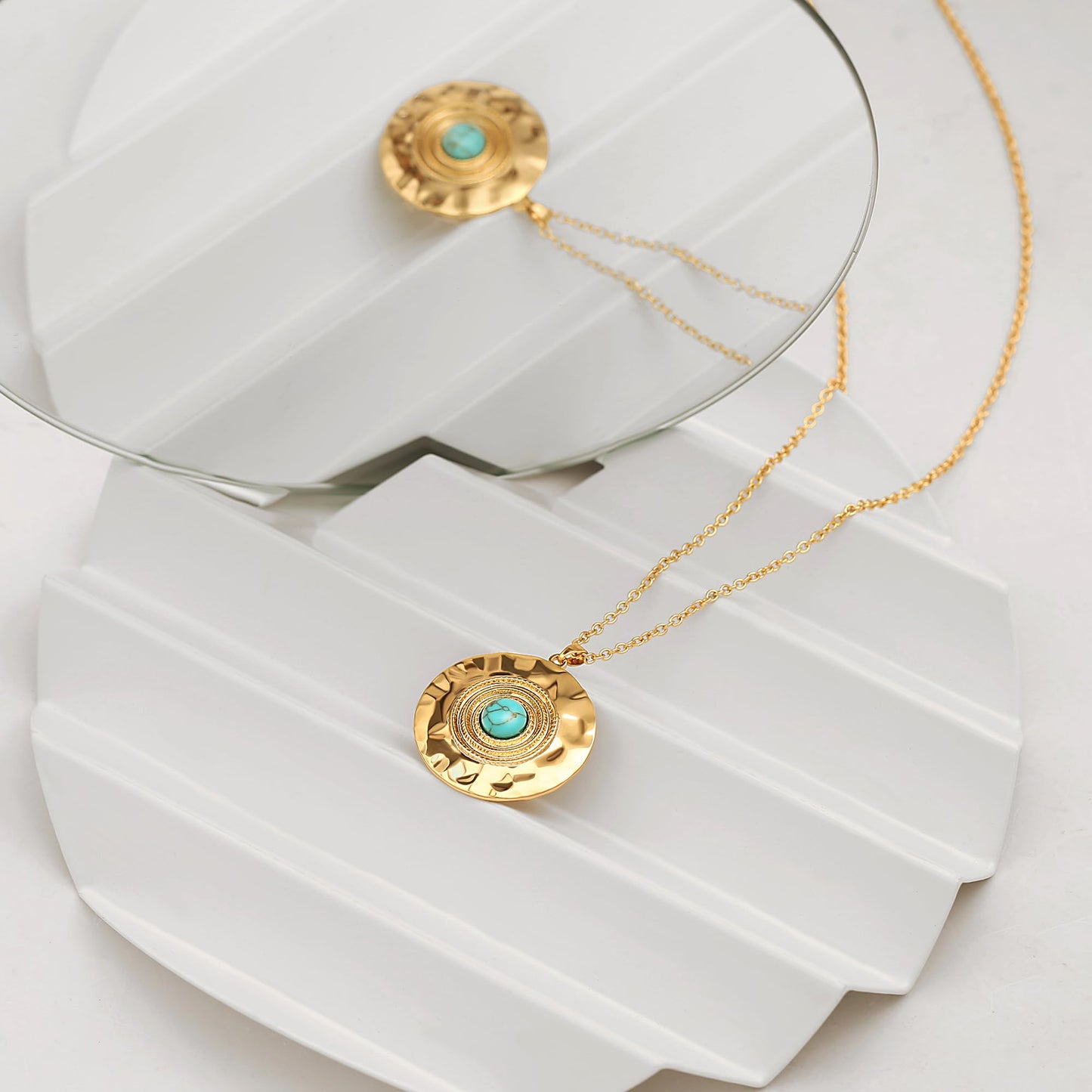 CANEVINKA 18K Gold Plated Bohemian Turquoise Pendant Necklace for Women Hammered Texture Coin Necklace Jewelry
