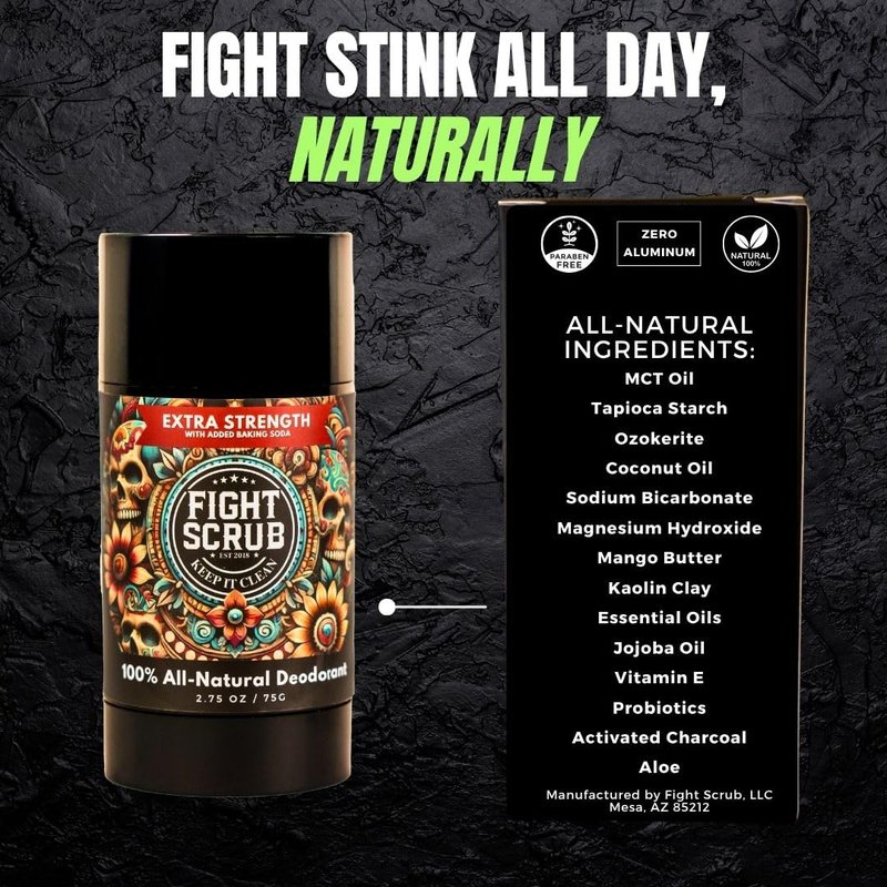 Fight Scrub Extra Strength Deodorant – Aluminum-Free, Baking Soda Formula for Athletes & Active Lifestyles – Long-Lasting Odor Protection – Handmade in the USA (2-Pack) (Unscented)