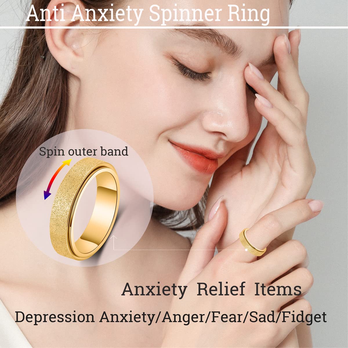 OreilleStar Anxiety Ring for Women Men Fidget Toys Adults Titanium Stainless Steel Fidger Spinner Ring 6mm Wide Cool Mood Thumb Rings Band Rings Gold Size 10