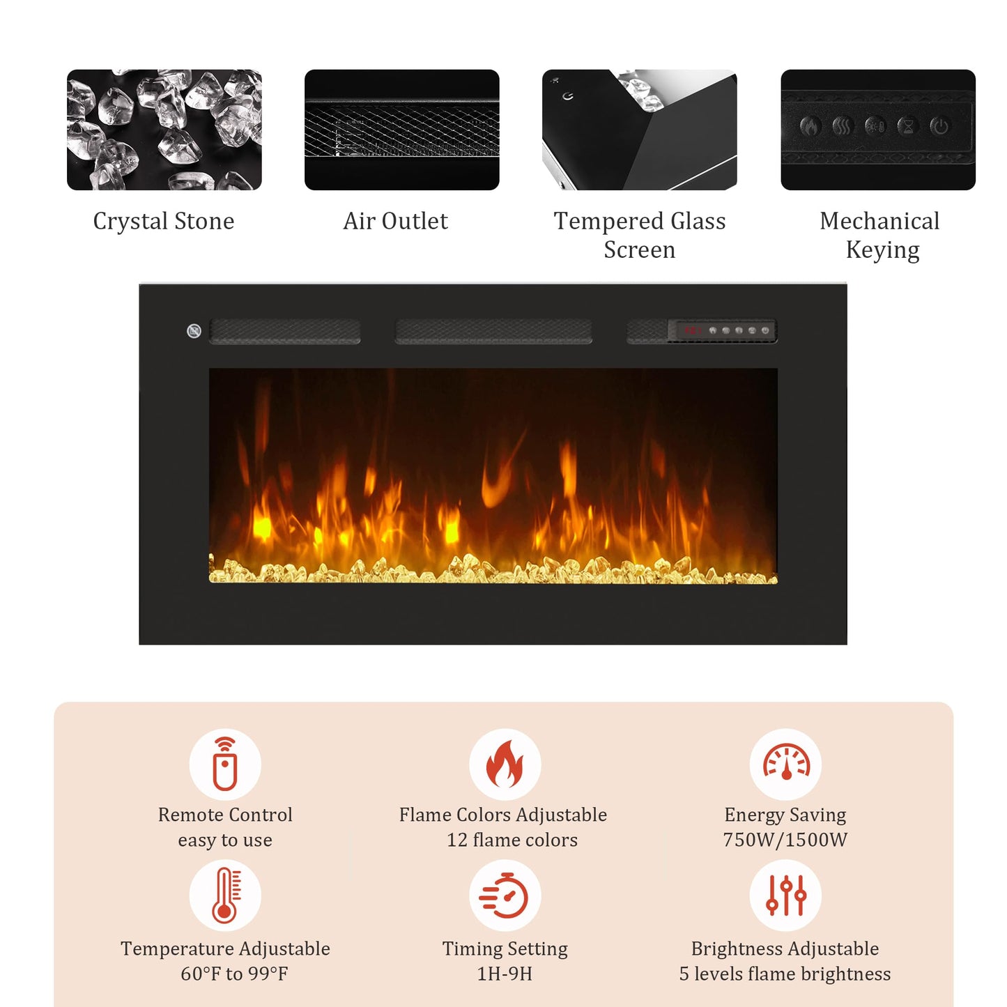 OneBlis 70" Fireplace TV Stand for TVs Up to 80",Entertainment Center with 36” Electric Fireplace and 12 Colors LED Lights,Large TV Console with Storage Cabinet for Living Room,All Black