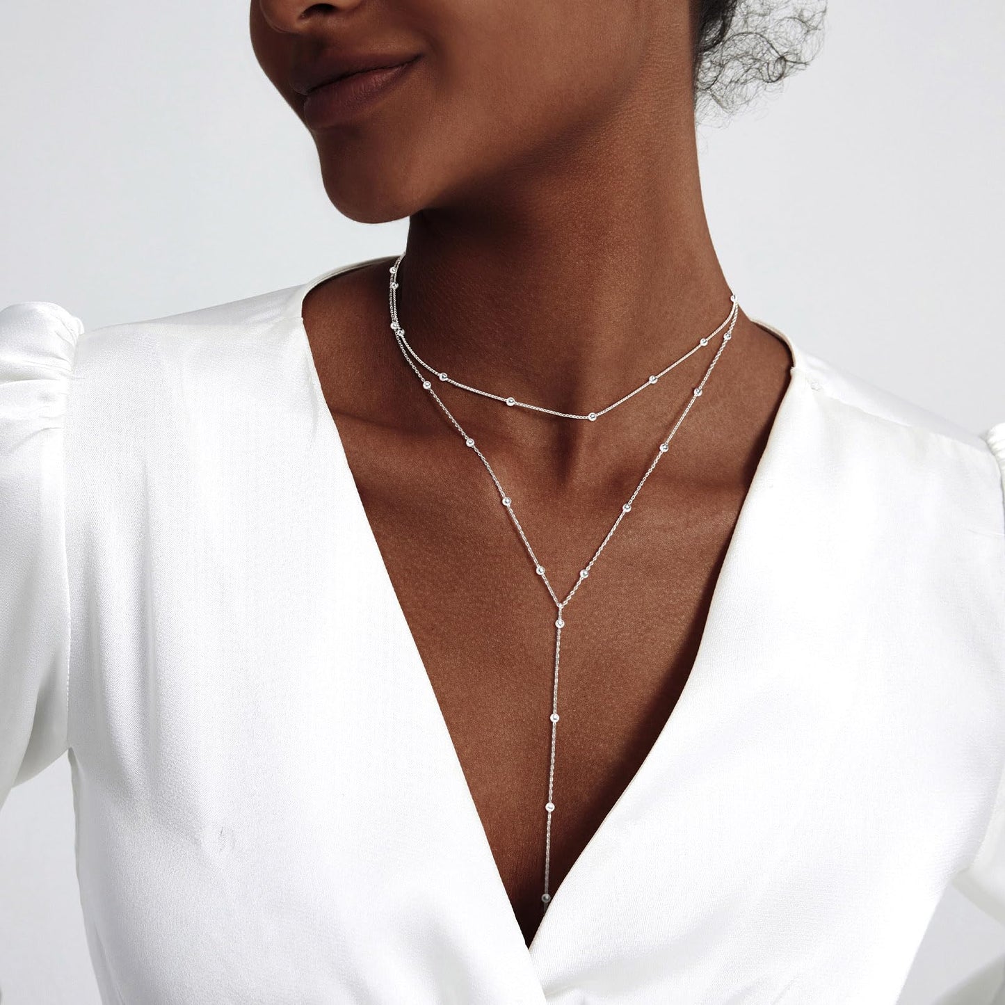 Zeffy Dainty Long Silver Necklaces for Women Trendy Lariat Y Necklace Layered Beaded Drop Necklaces Simple Y-Shaped Chain Jewelry Gift Wedding