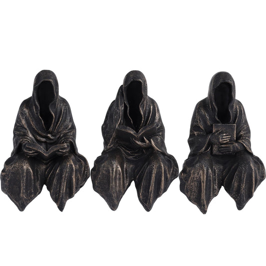 2.95" Mini Reading Statue Bookshelf Figure Set of 3,Gothic Grim Reaper Statue,Mystery Reading Figurines Sitting Sculpture for Bookshelf Decor Fantasy,Halloween Trinkets Dark Academia Decor Aesthetic