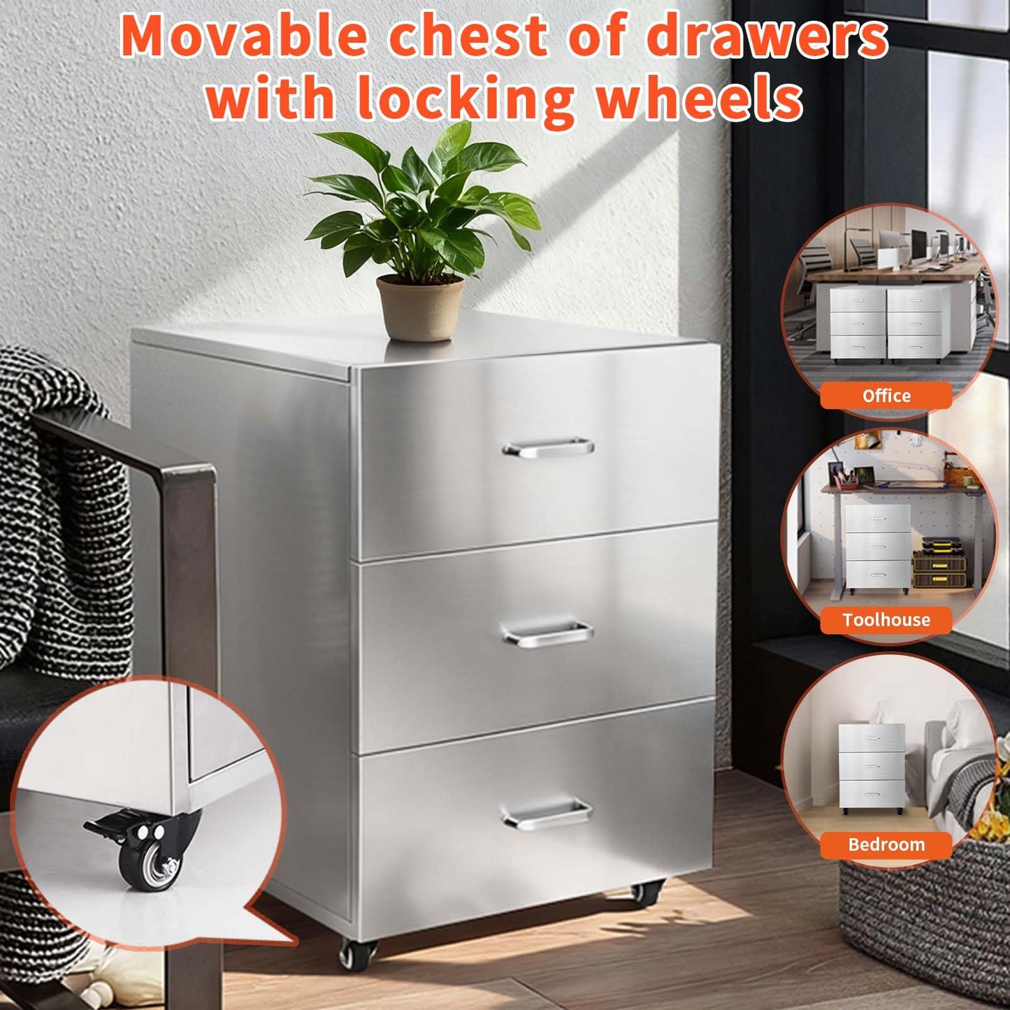 JIEJIN Outdoor Kitchen Drawers Stainless Steel Triple BBQ Island Drawer Flush Mount Outdoor Kitchen Cabinets with Handles with Wheels for Outdoor Kitchens or BBQ Island Patio Grill Station, Silver
