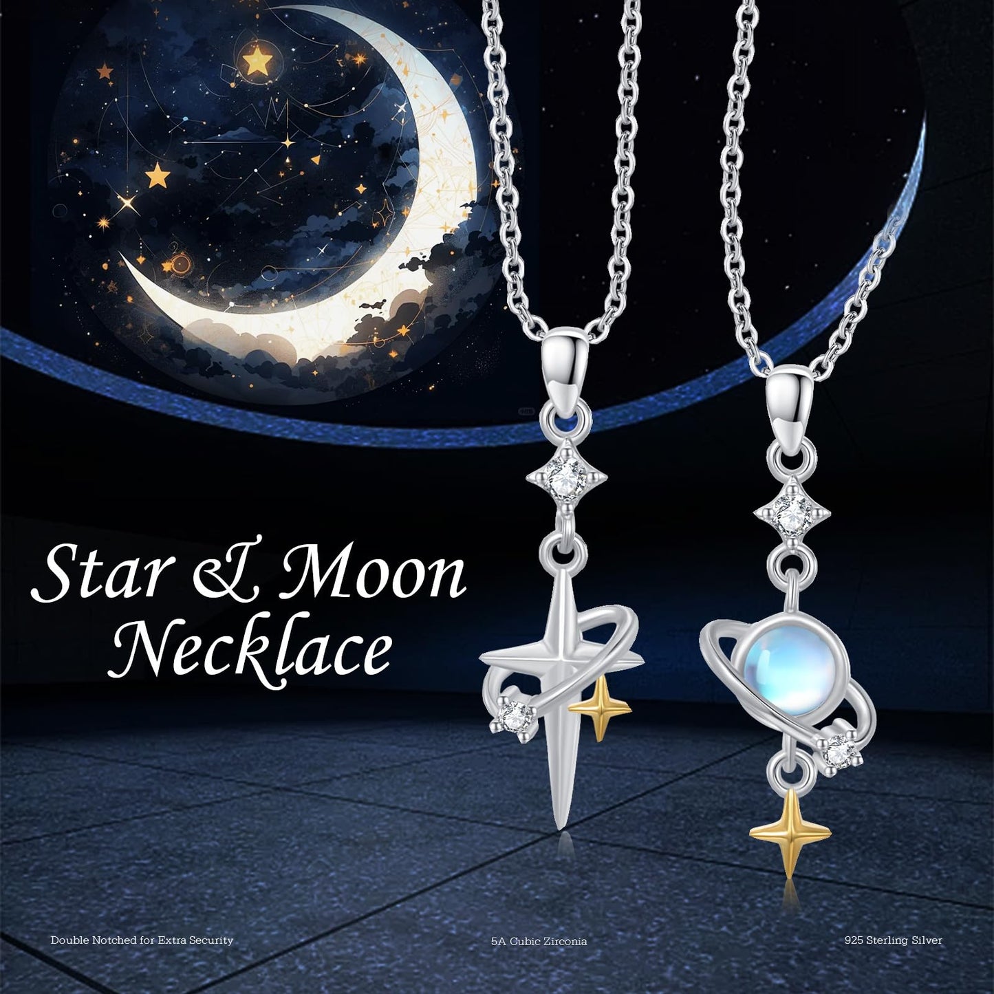 Silikepa Star Necklace for Women 925 Sterling Silver Star Pendant Necklace Friendship Couple Pendant Necklace with Moonstone Jewelry Gift for Women