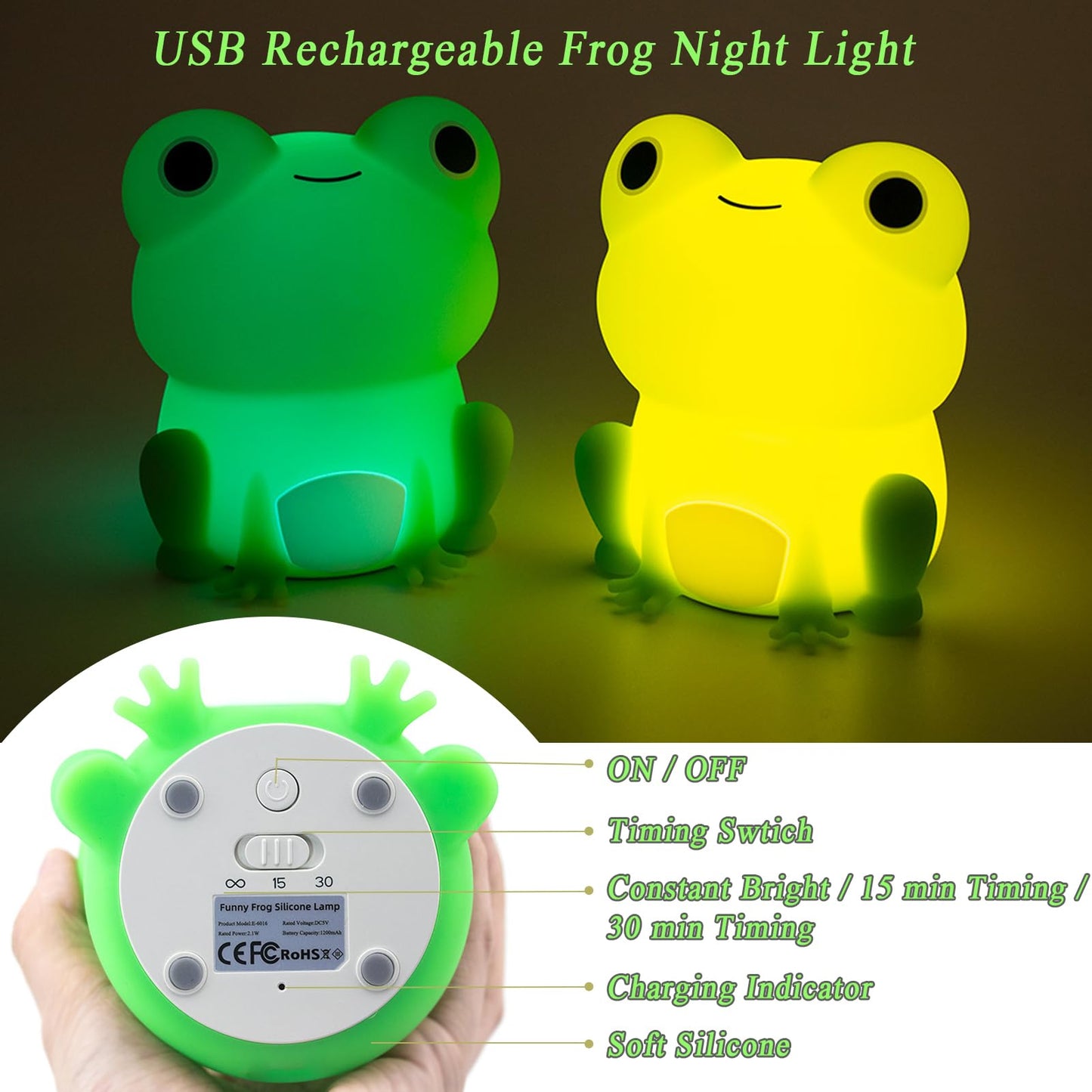 SMOORITA Night Light for Kids, Cute Frog Night Lamp Bedroom Nightlight for Girls Boys Teens, USB Rechargeable Silicone Animal Nightlight Christmas Birthday Gifts, Room Decor