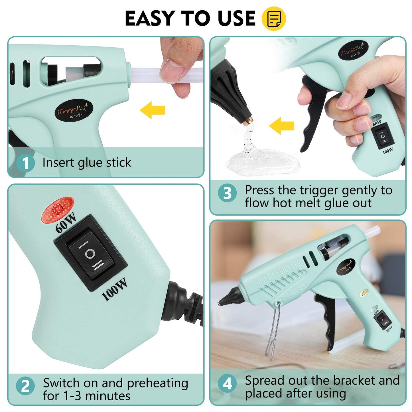 Magicfly 60/100W Hot Glue Gun Full Size with 30 Pcs Hot Glue Sticks (0.43 X 5.9 inch), Dual Power High Temp Melt Glue Gun Kit with Finger Caps, Mat for Arts Craft, Household, Green