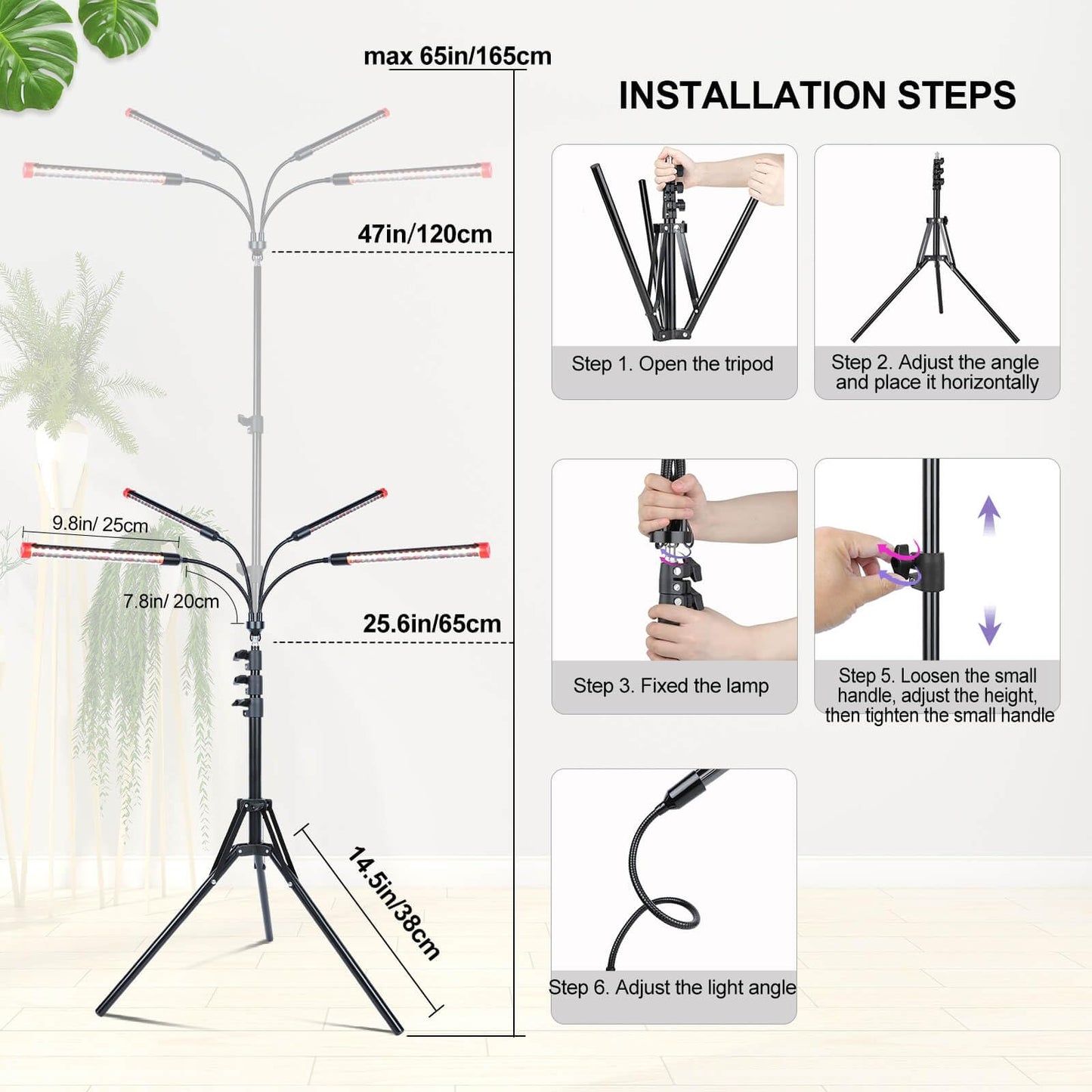 JINHONGTO Grow Light with Stand and Timer 4,8,12,16,20 Hr, 36 Watt Standing Tall Plant Light for Bonsai Tree, Seed Starting, 24"-64" Adjustable Tripod Stand Plant Growing Lamps