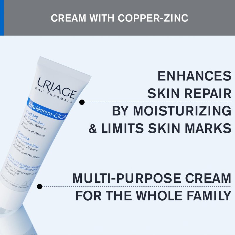 Uriage Bariéderm-CICA Multi-Purpose Restoring Cream with Copper-Zinc & D-Panthenol, Enhances Skin Repair, For All Ages & Skin Types, Fragrance-Free