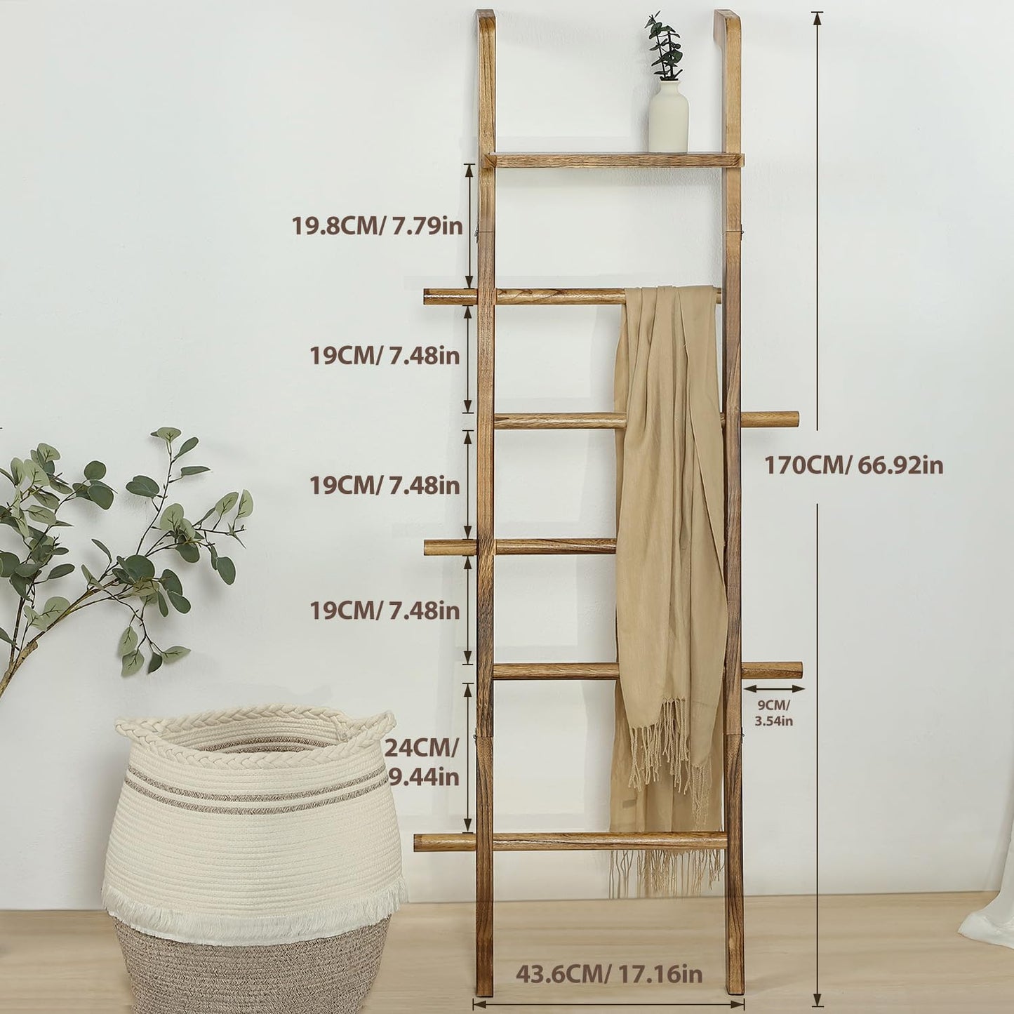 Taozun 67-Inch Wooden Blanket Ladder with Shelf for Living Room - 5-Tier Farmhouse Towels and Quilt Rack Decor - Leaning Wall Display Holder for Blankets and Throws