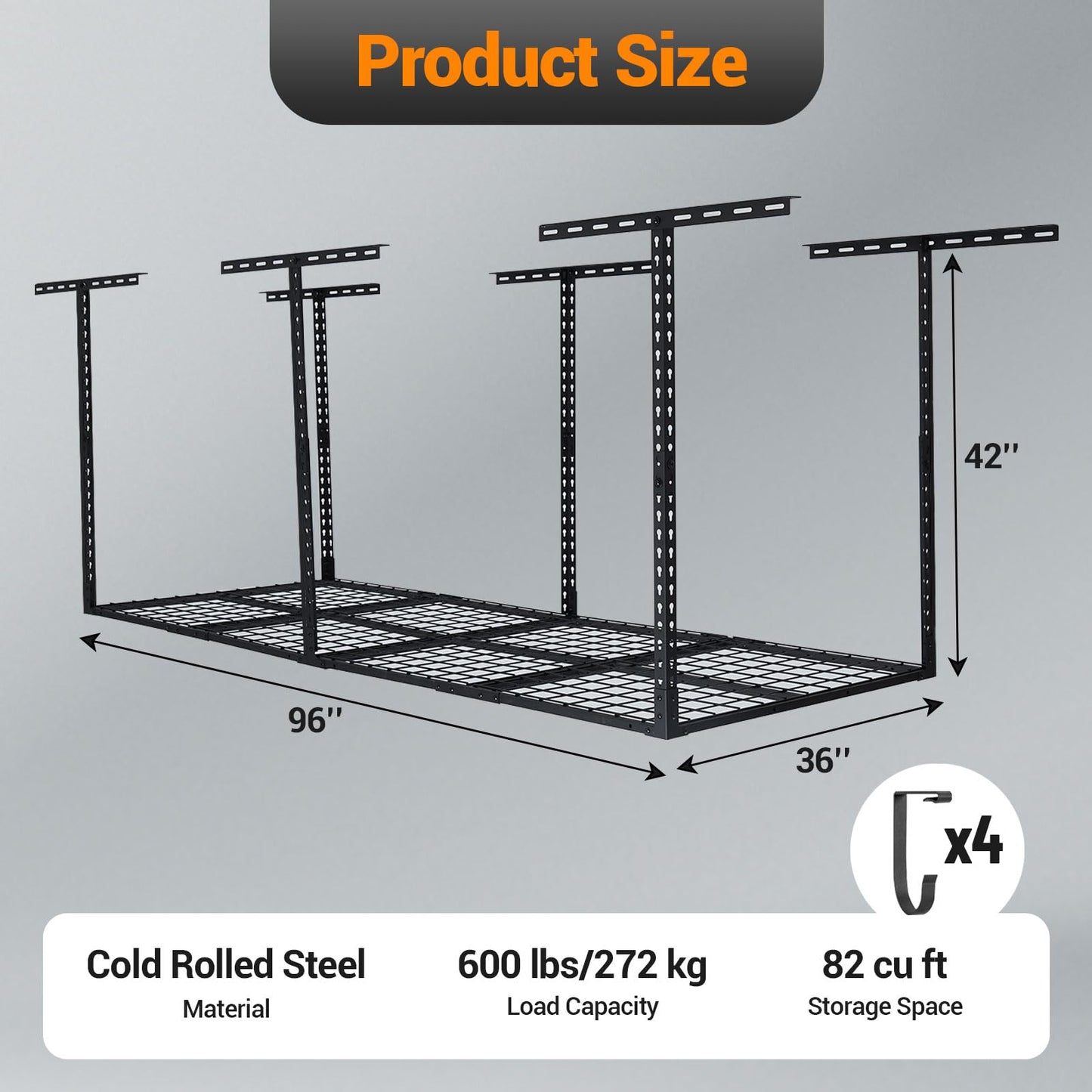 MERXENG 3X8FT Overhead Garage Storage Rack, 22"-40" Height Adjustable Garage Ceiling Storage Racks, Heavy-Duty Metal Storage Organization System, 600 LBS Weight Capacity, Black