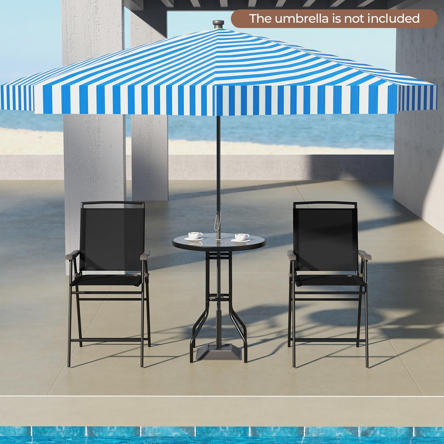 Tangkula 3-Piece Outdoor Bar Set, Counter Height Patio Bistro Furniture Set with DPC Tabletop & Umbrella Hole, Metal Frame Patio Bar Table with 2 Folding Chairs for Poolside, Backyard, Porch, Black