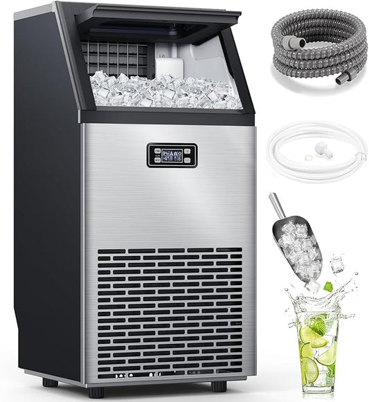 Electactic Commercial Ice Maker Machine,100lbs/24H Stainless Steel Ice Machine,33lbs Storage, Auto Self-Cleaning Freestanding Ice Maker, Ice Machine Freestanding for Bar/Cafe/Restaurant-Dark Silver