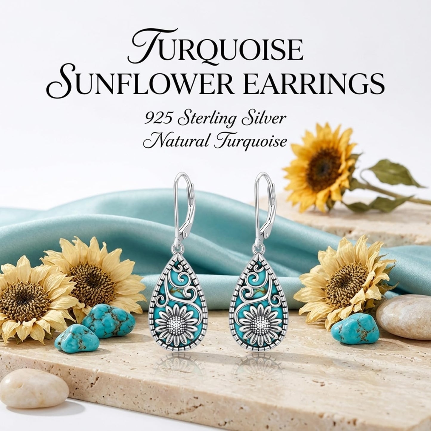 Eetaitai Turquoise Sunflower Earrings for Women 925 Sterling Silver Turquoise Dangle Drop Leverback Earrings Vintage Western Jewelry Mothers Day Gifts for Mom Wife Sister