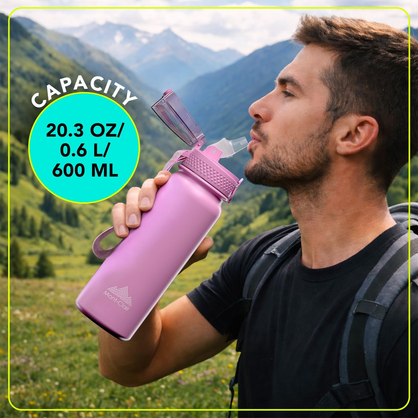 Mont-Clair Sport Water Bottle - 20oz Insulated Water Bottle with Straw - Patented Lid, BPA FREE, For Sports, Gym, Cycling, Bike - Quick Hydration - Pink
