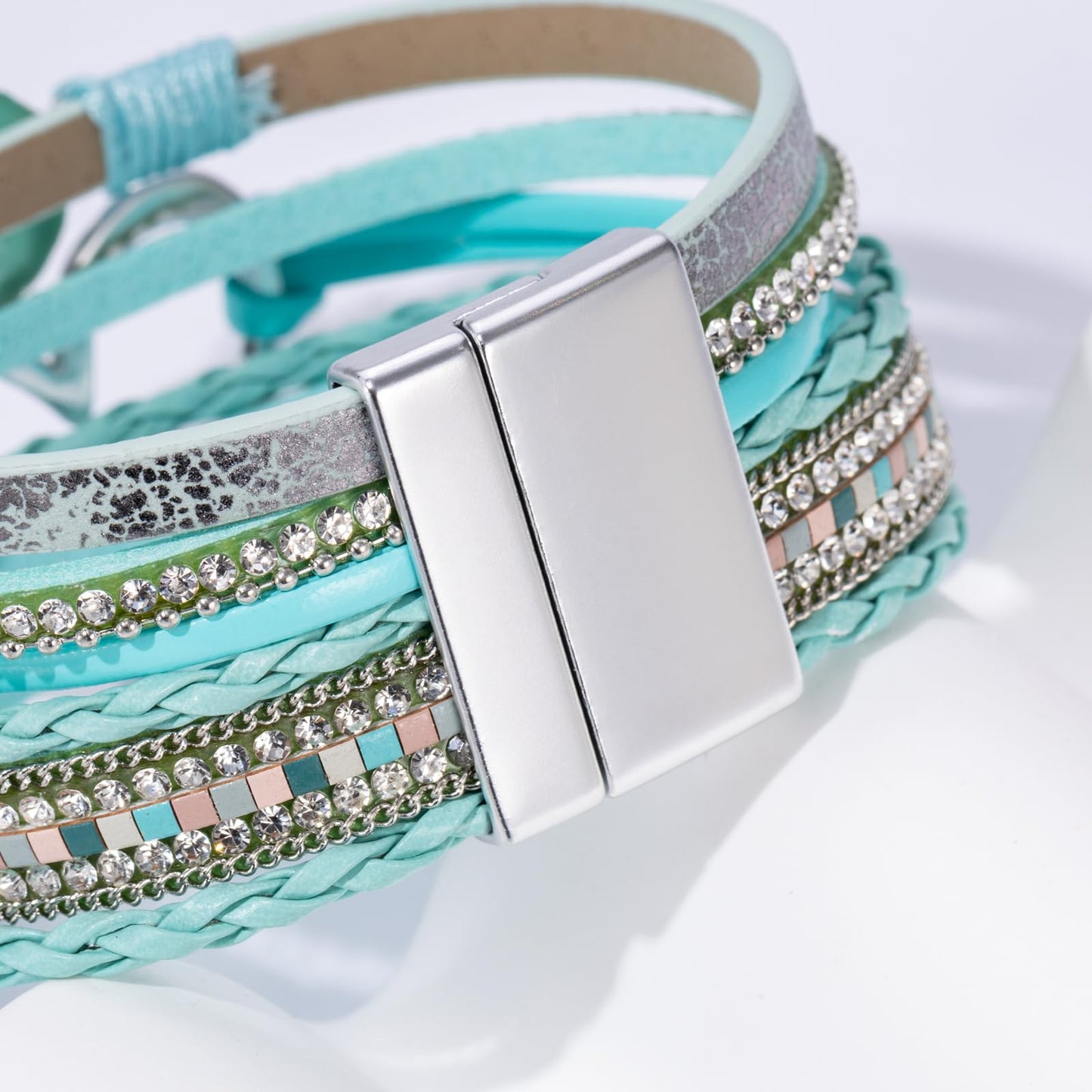 Becklynn Boho Leather Wrap Bracelets Beaded Crystal Stackable Cuff Bracelet with Magnetic Clasp Cowboy Cowgirl County Concert Outfits Western Jewelry Gifts for Women(Heart Teal)