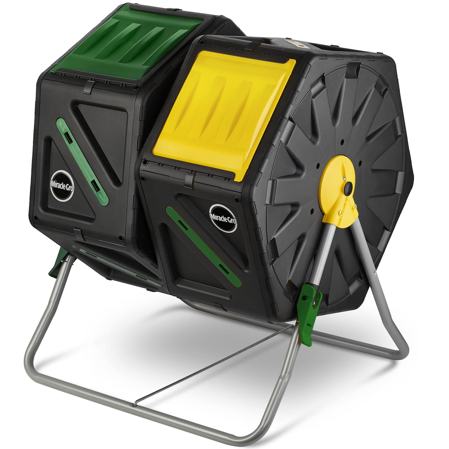 Miracle-Gro Dual Chamber Compost Tumbler – Easy-Turn, Heavy-Duty Outdoor Bin Composter with 2 Sliding Doors (2x18.5 Gal/70L