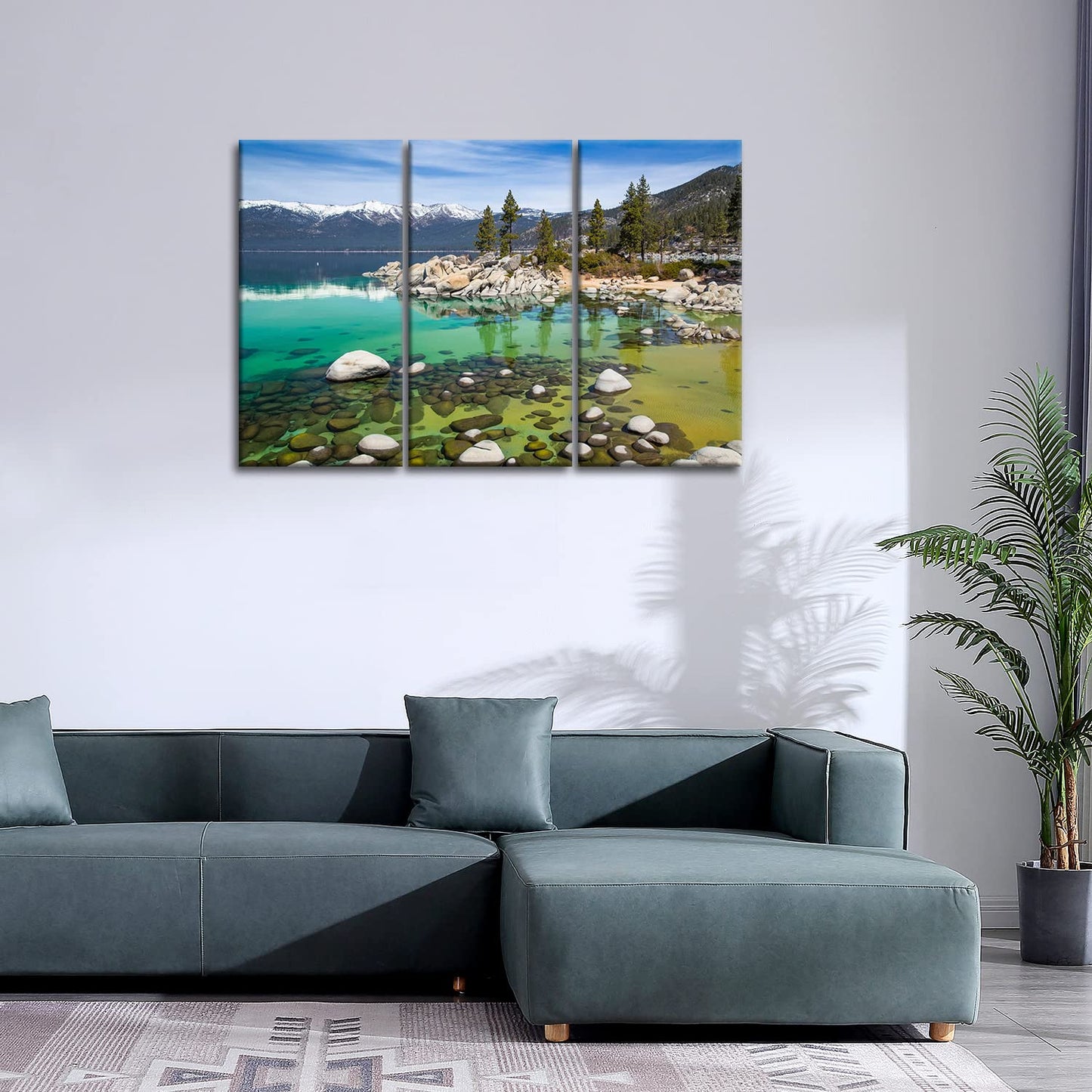 Lake Tahoe Wall Art Decor Clear Turquoise Water and Green Mountain Trees Forest in the California Canvas Pictures Artwork 3 Panel Landscape Painting Prints for Home Living Dining Room
