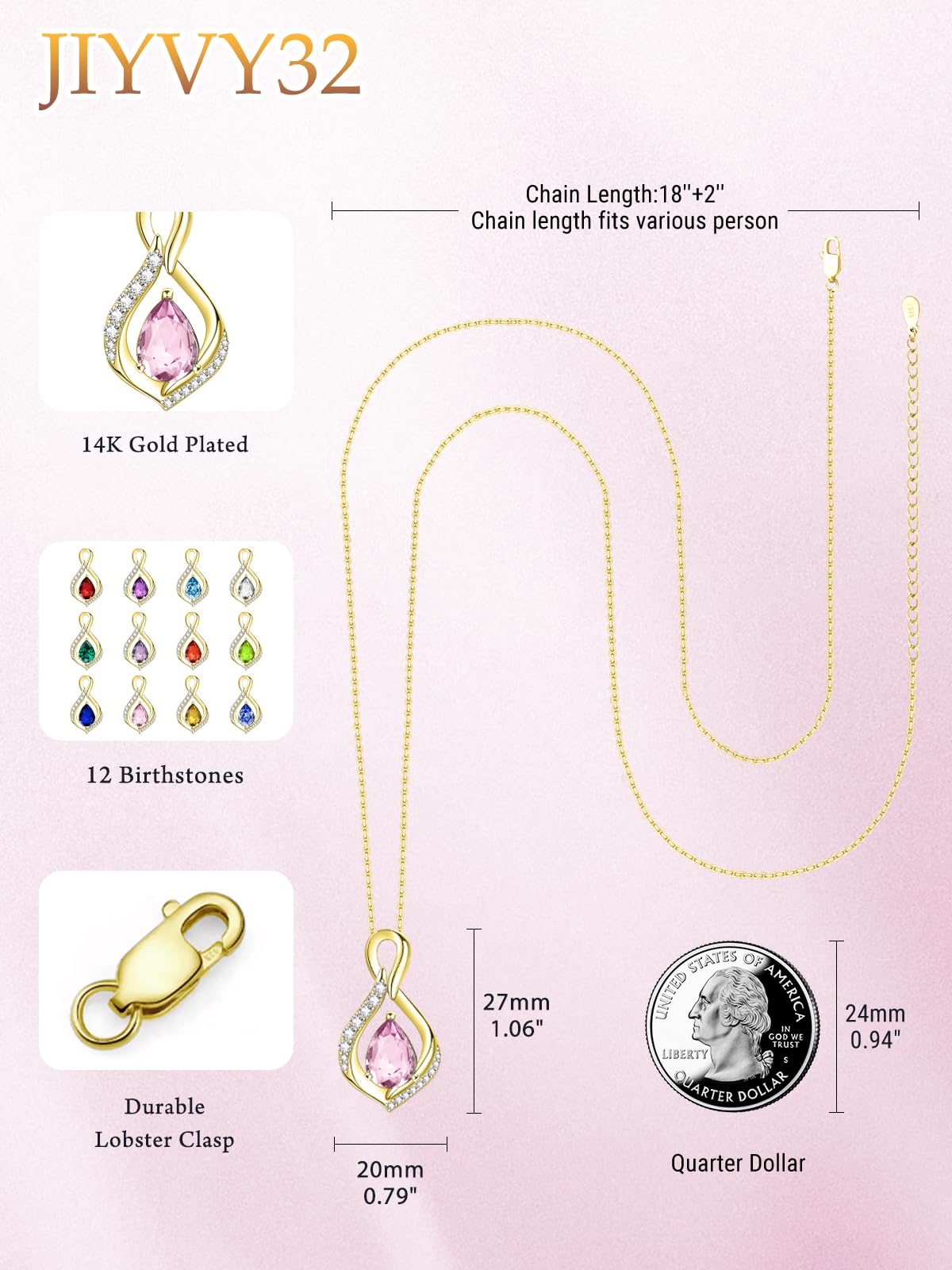 JIYVY32 Pink Tourmaline Infinity Necklace for Women October Birthstone Necklaces 14k Gold Plating Anniversary Birthday Gifts for Wife Her Mom Girlfriend Birthstone Jewelry Gifts for Women