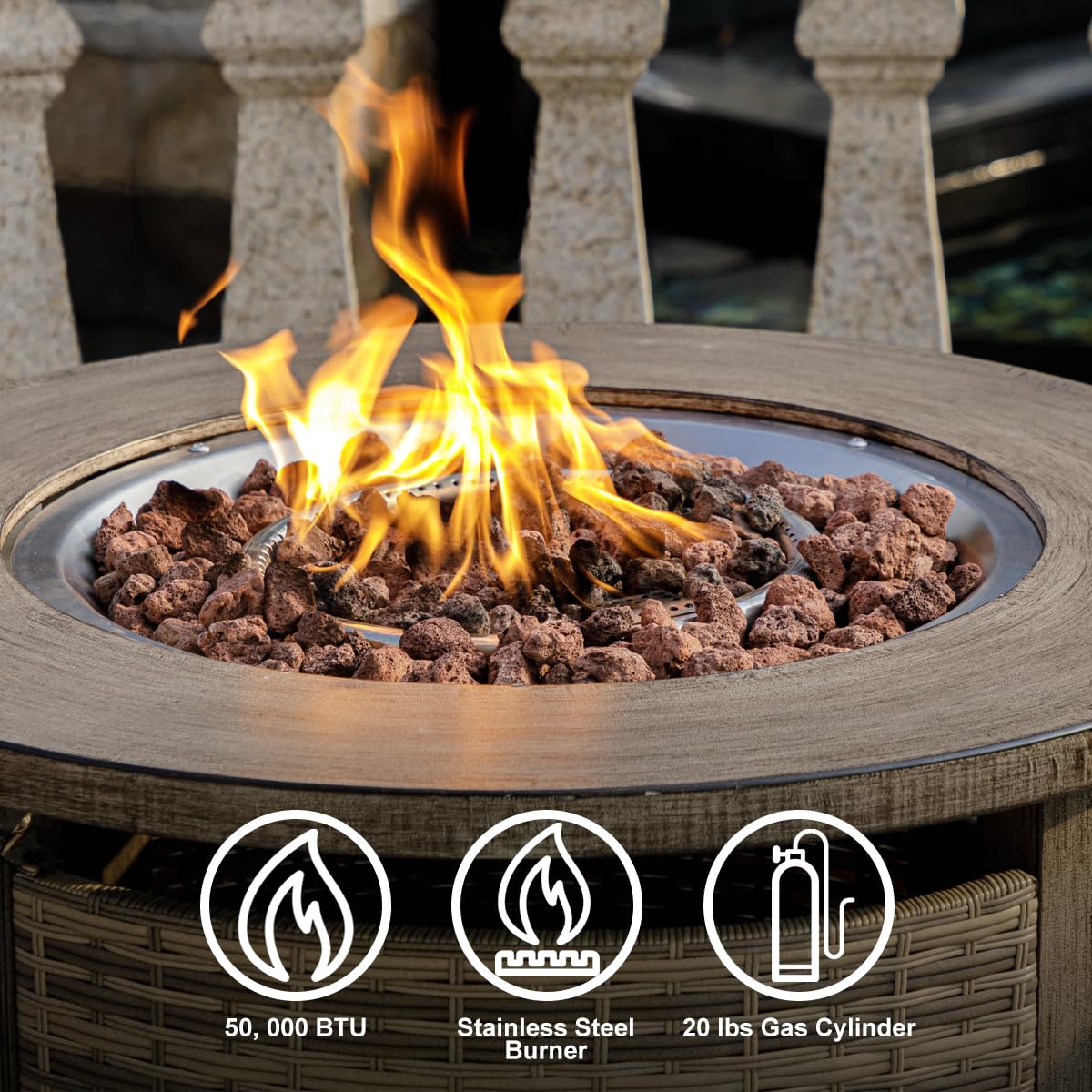 OutVue 32 inch Propane Fire Pit Table,Wicker Gas Fire Pits Table with Lid & Lava Rocks, 50000 BTU Round Propane Firepit for Outside, Fire Table for Dining,Party, Patio,Yard